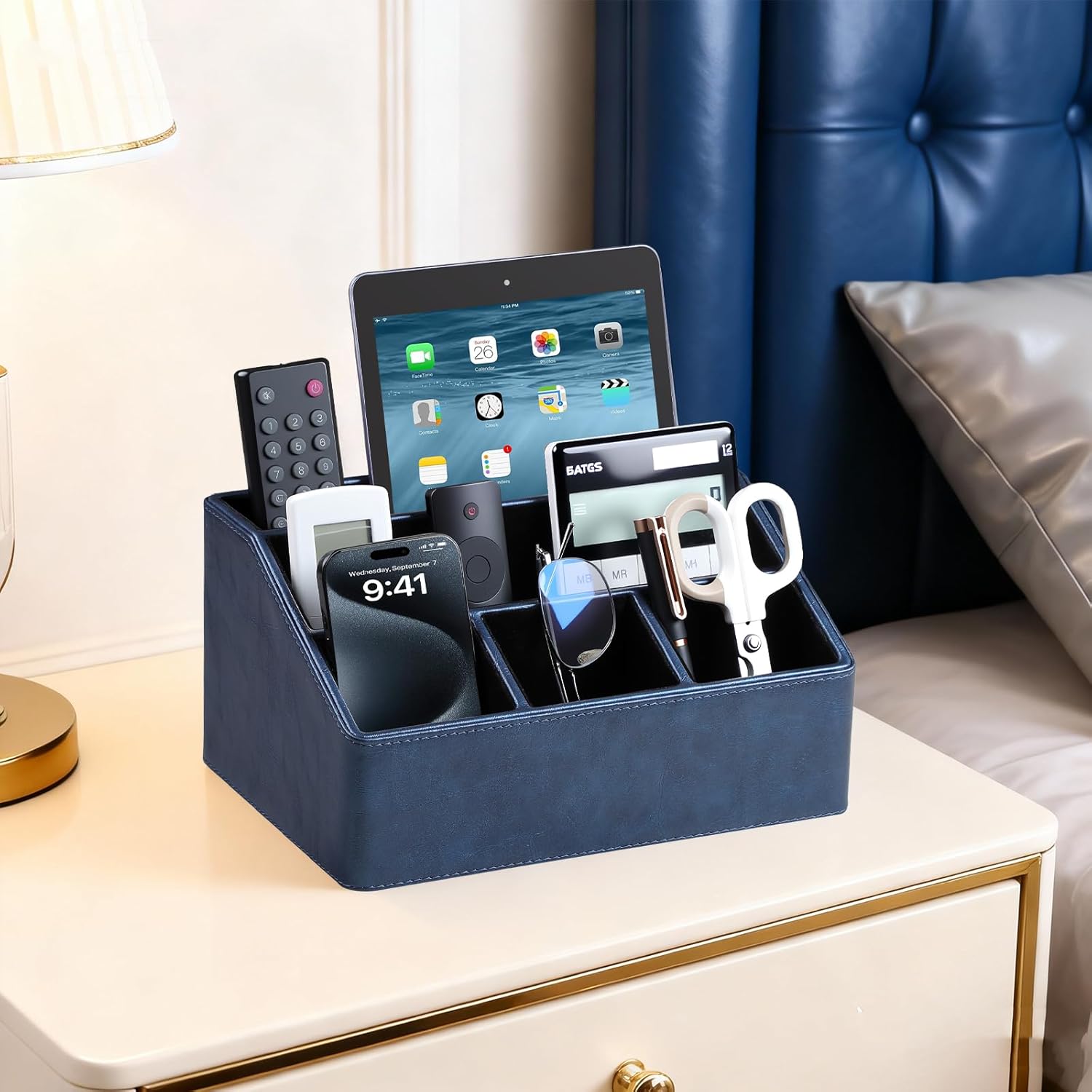 PU Leather Desk Organizer, Luxury Remote Control Holder for Home, Office Desk Accessories Table Caddy Bedside Nightstand Organizer (Dark Blue)