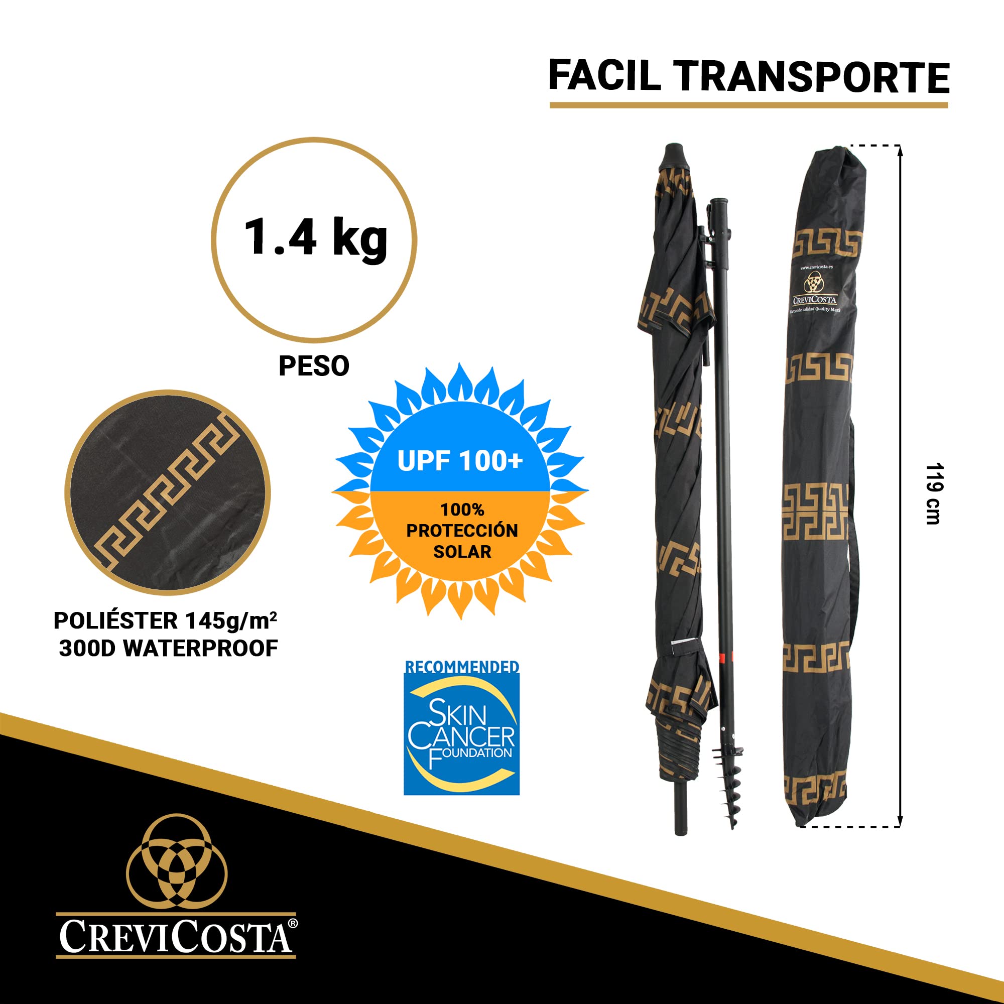 CREVICOSTA QUALITY MARK MARCAS DE CALIDAD Parasol de plage modèle olympienne noir 200cm avec spirale et poteau de voyage total. 8 tiges. Protection totale contre les rayons UV, Olympia noir, 200 cm