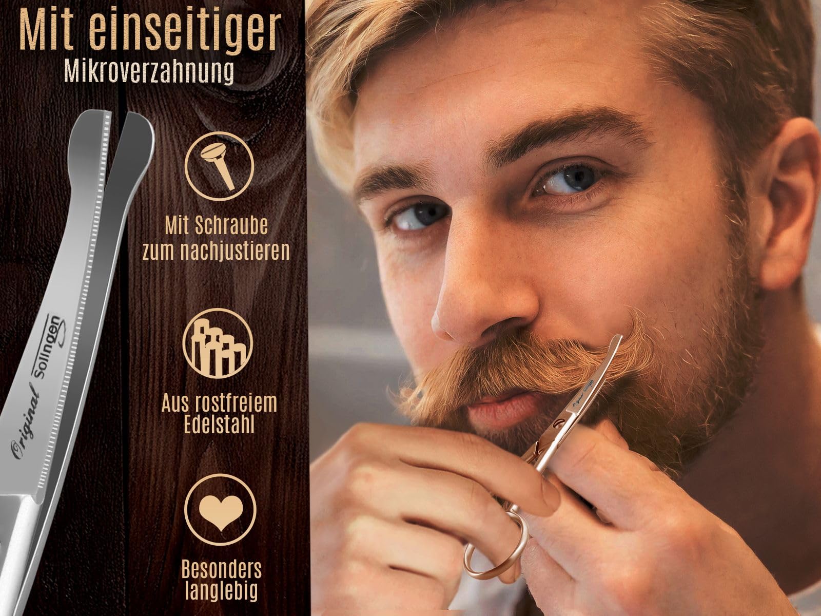 Bartschere aus Solingen mit gebogener Schnittfläche Haarschere Nasenhaarschere Made in Germany Schnurrbart Schere mit einseitiger Mikroverzahnung aus Rostfreiem Edelstahl für die perfekte Bartpflege