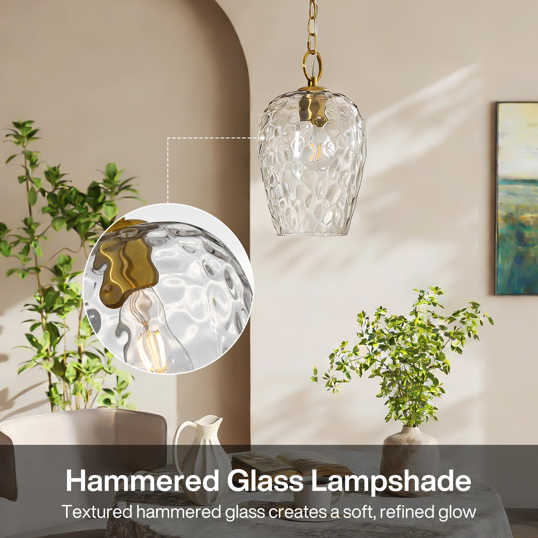 Tribesigns Pendelleuchte mit Gehämmertem Glasschirm, 152 CM Höhenverstellbar Ø22 CM, Dimmbar, Hängelampe Esstisch E27 Fassung, Modern Hängeleuchte für Esstisch Wohnzimmer Küche Schlafzimmer