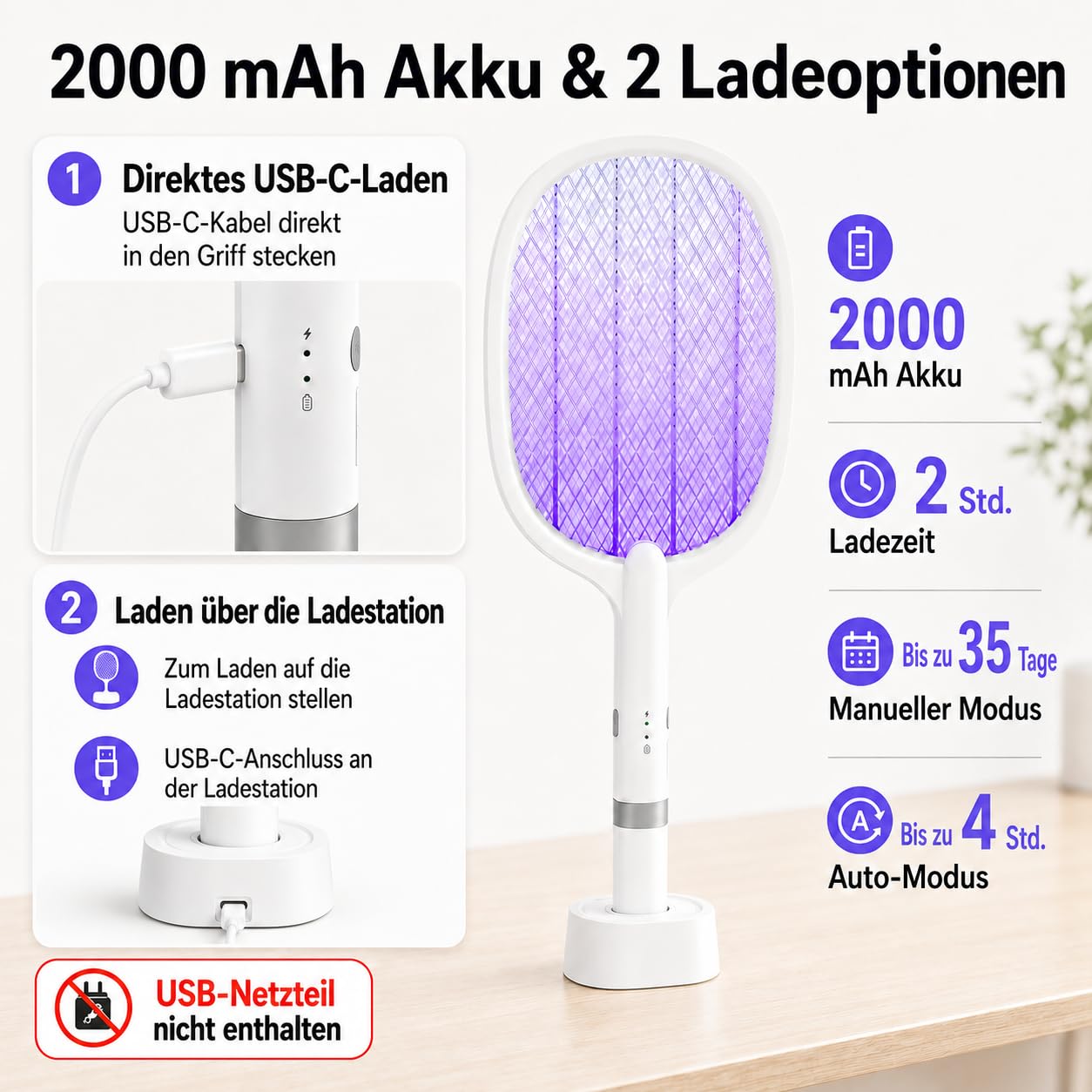 Raquette Electrique Insectes 5000V 2000mAh Anti Moustique UV USB-C Rechargeable 2 en 1 Intérieur Extérieur