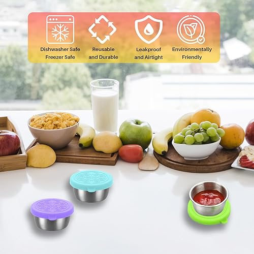 Miniatura 2 de Paquete de 6 recipientes para aderezo de ensalada recipientes pequeños para condimentos con tapas, tazas reutilizables de acero inoxidable, tapas de