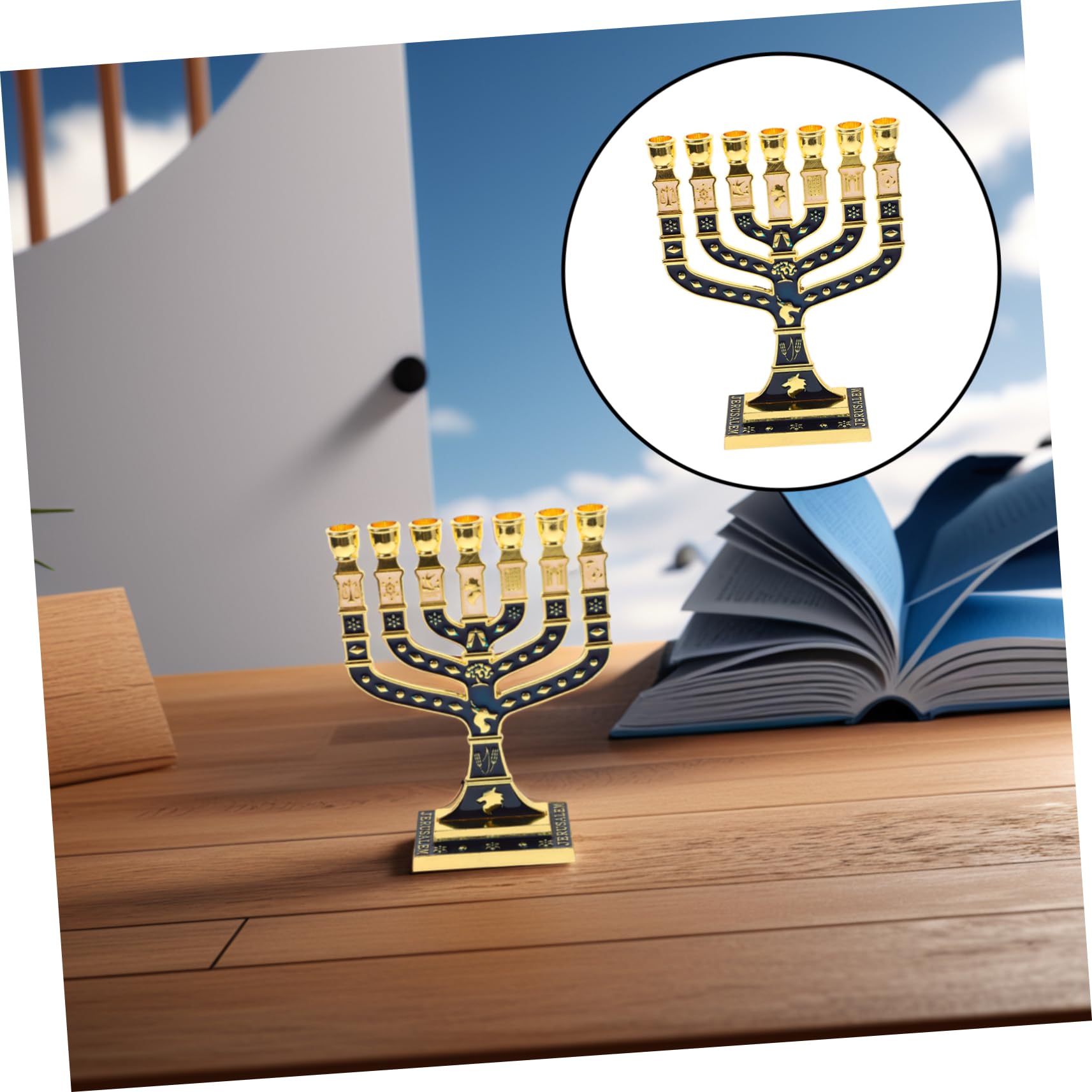 GARVALON Candeliere Ebraico da Tavolo in Lega di Alluminio Blu Design a 7 Bracci Elegante per Cerimonie Religiose e Decorazione della Tavola in Ambito Familiare