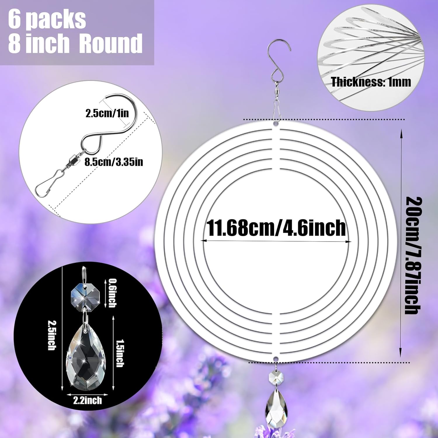6 Pack 8inch Sublimation Wind Spinner Blanks 3D Aluminum Metal Wind Sculpture Kinetic Spinners for Yard and Garden Indoor Art Ornaments Hanging Decoration (Round)