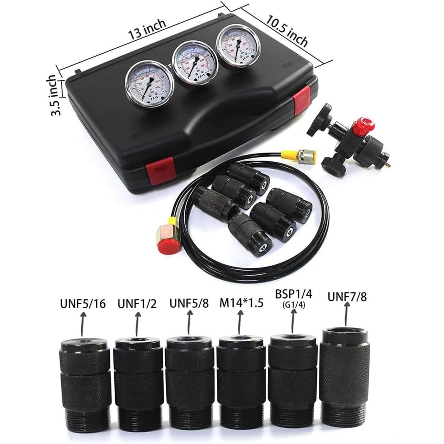 Hydraulic Nitrogen Fill Kit - Professional Pressure Test Kit with 3 Gauges, 7 Adapters & Gas Hose for Excavator Machinery