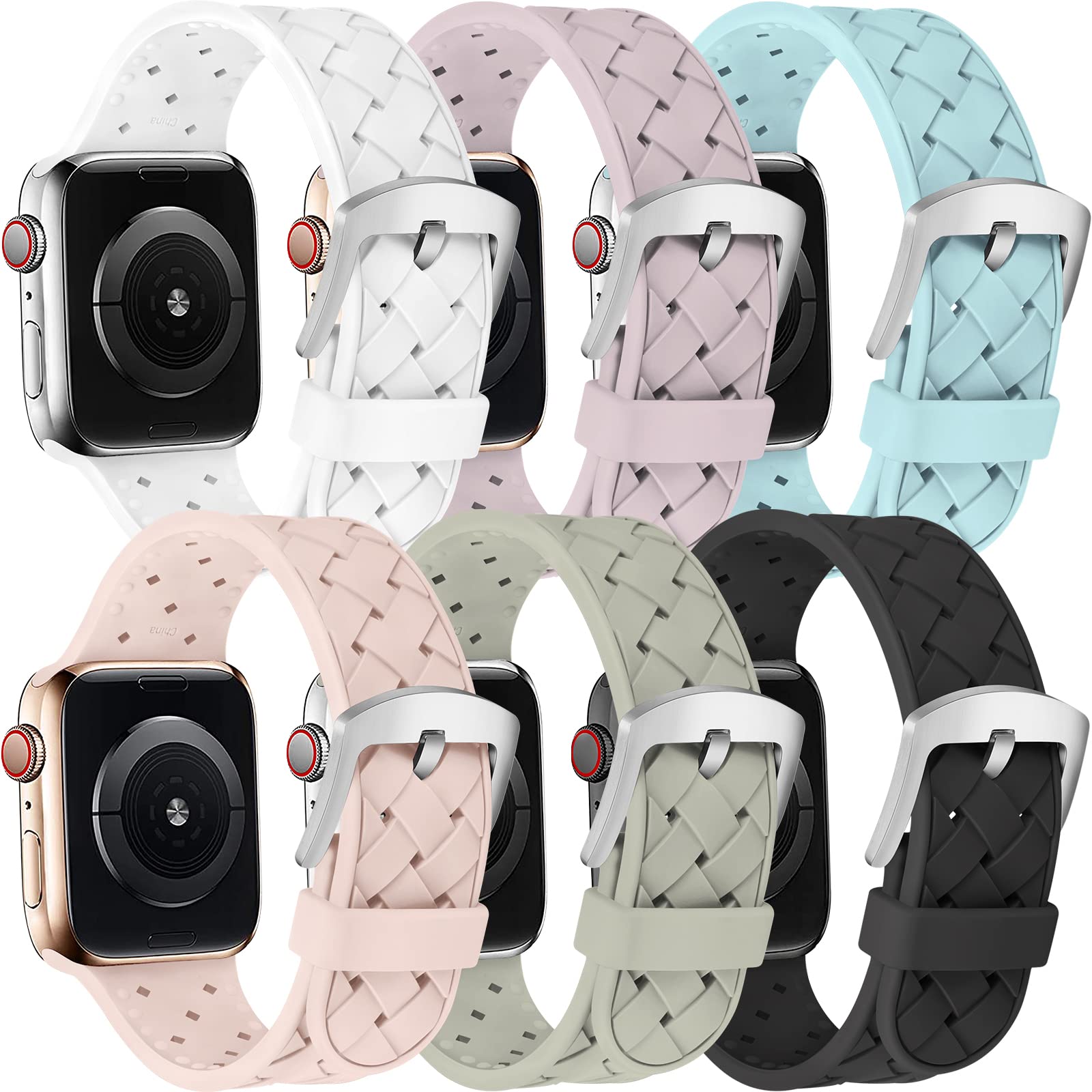 Photo 1 of **NEW/BUNDLE OF 6 PACKS**  HILIMNY [6 Pack] Bands Compatible with Apple Watch 45mm 44mm 42mm 41mm 40mm 38mm for Women Men, Waterproof Soft Silicone Cute Strap, Sport Wristbands for iWatch Series 7 6 5 4 3 2 1 SE Black/White/Pink Sand/Lavender/Gray/Turquoi
