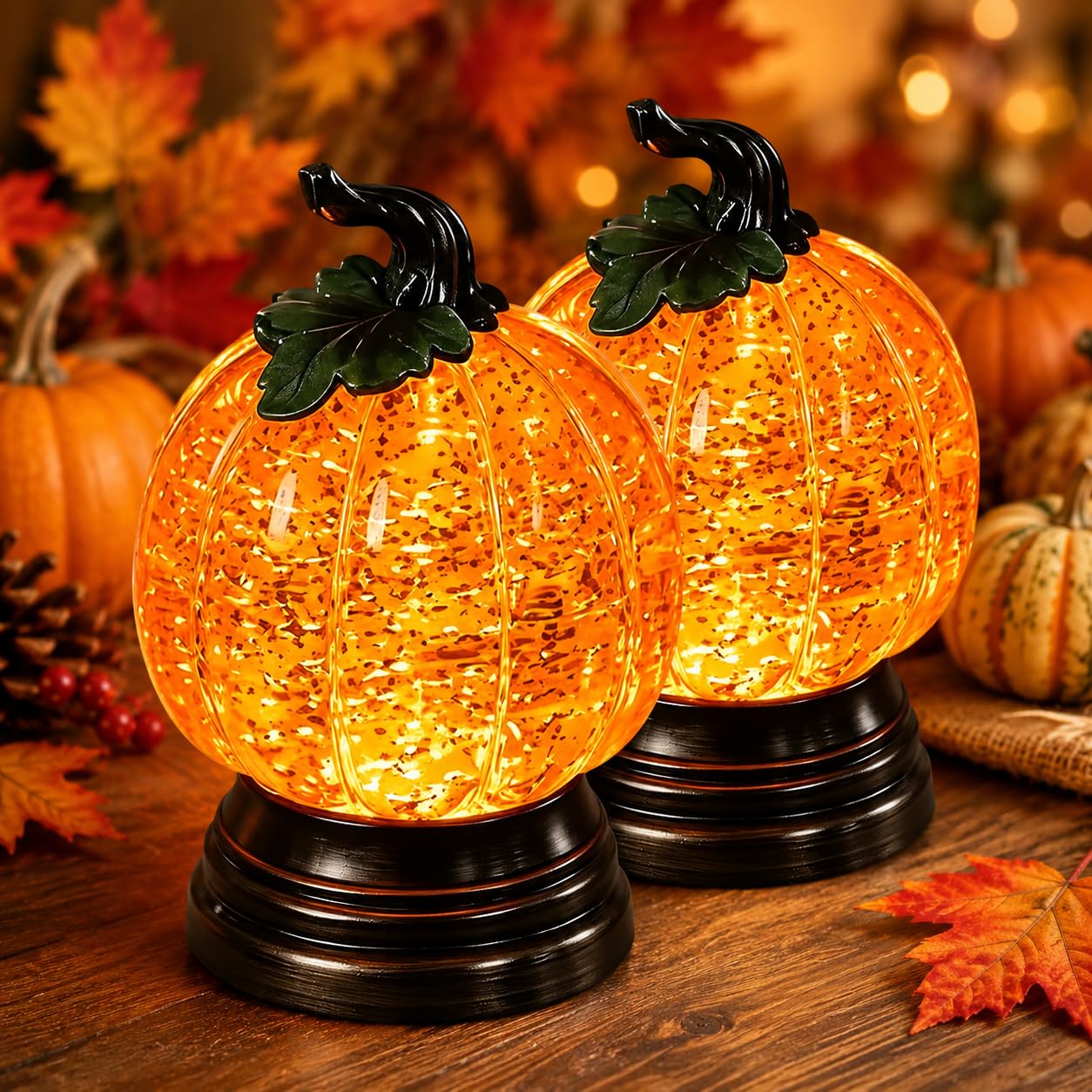 Glitter Lighted Pumpkin SnowGlobe, Halloween Snow Globe Decor with Warm Orange LED Glow, Fall Snows Globes with Shimmering Glitter Water Globes Pumpkin, Seasonal Gift