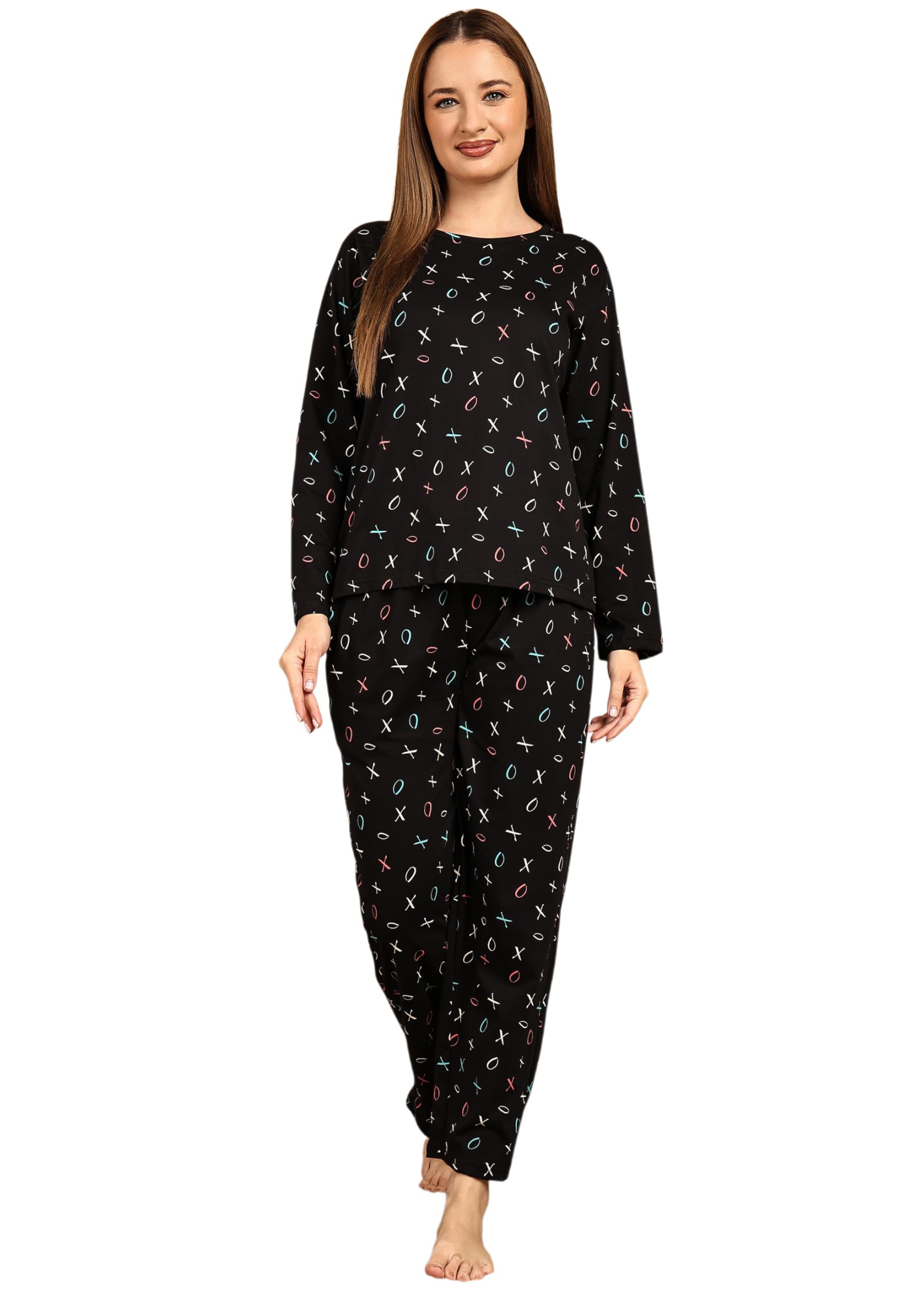 Women's Cotton Quirky Print Full Sleeves Pajama Set. (SMNSP-1171_Black)-image-12