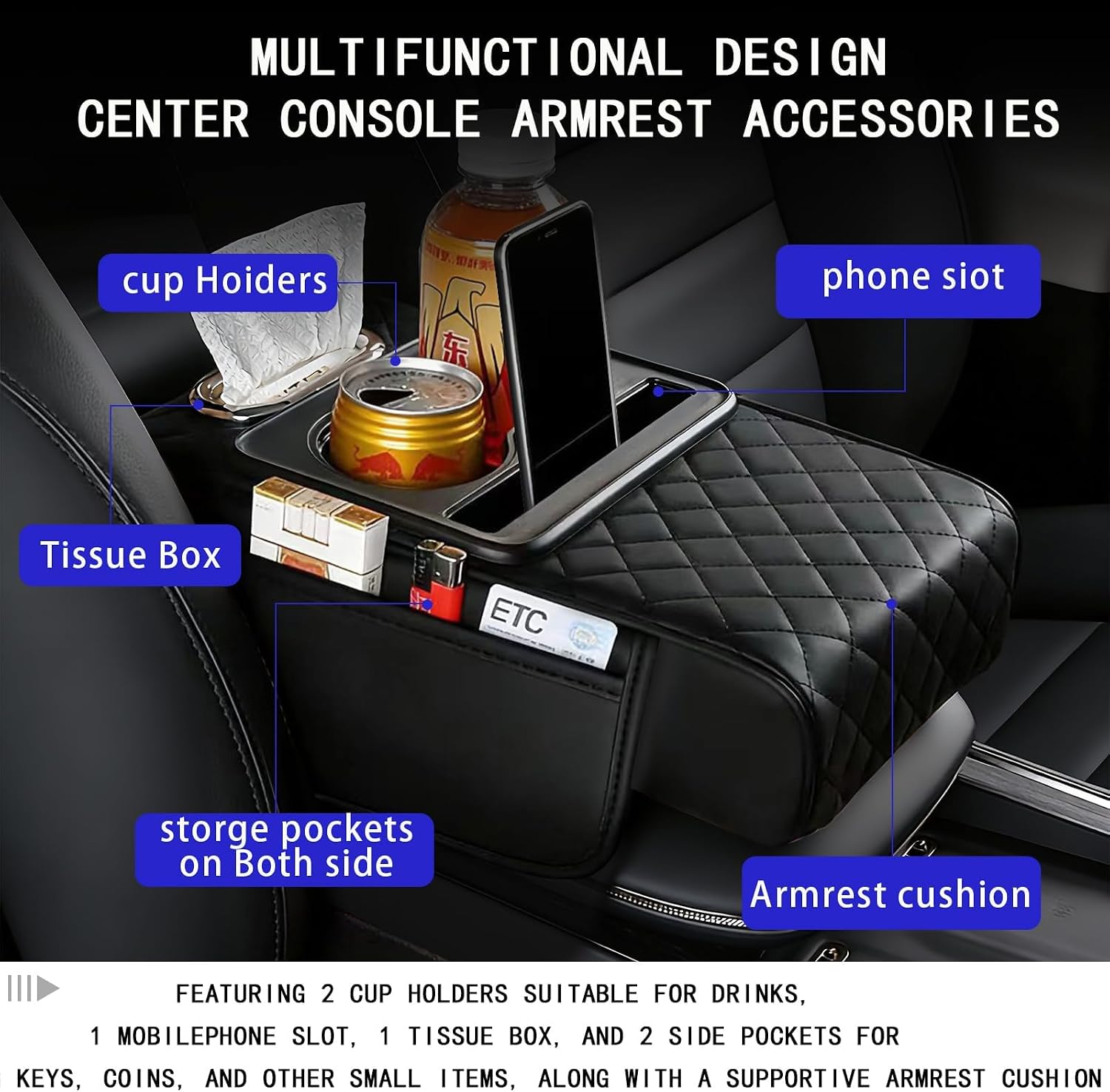 1 Car Center Console Armrest Box for Nissan/Infiniti 370Z 350Z G35 G37 FX35 FX45 EX35, Premium PU Leather Organizer with Cup Holder and Tissue Dispenser Black