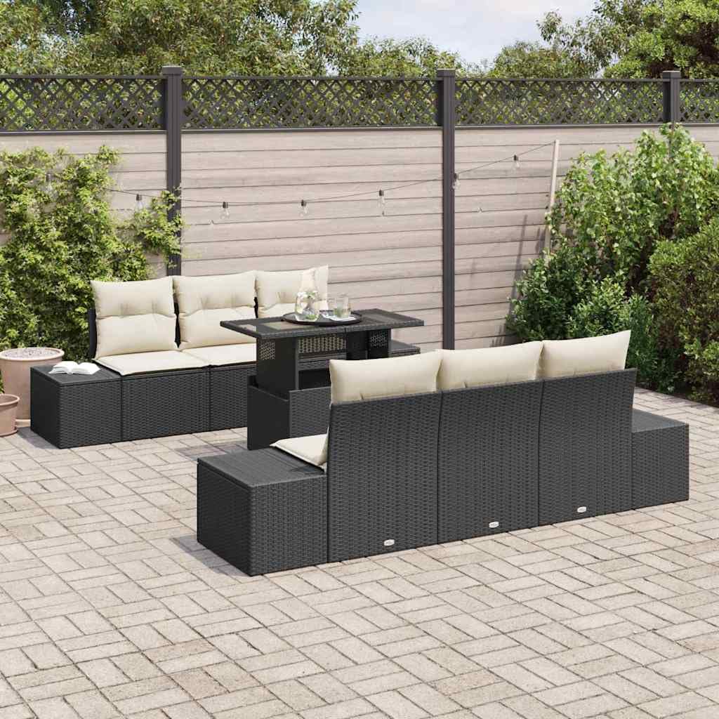 Sofa z poduszkami, 7 szt., czarno-kremowa, polirattanowa, sofa ogrodowa, sofa ogrodowa, na taras i balkon