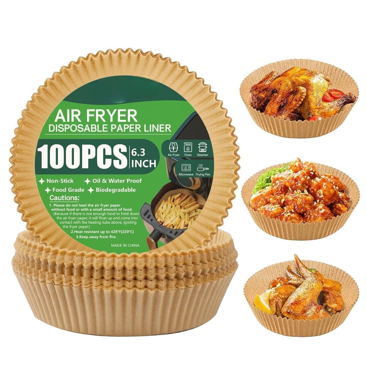 Air Fryer Disposable Standard Paper Liners: 100Pcs Oil Proof Parchment Sheets, Airfryer Paper Basket Bowl Liner for Baking Cooking Food (Round)