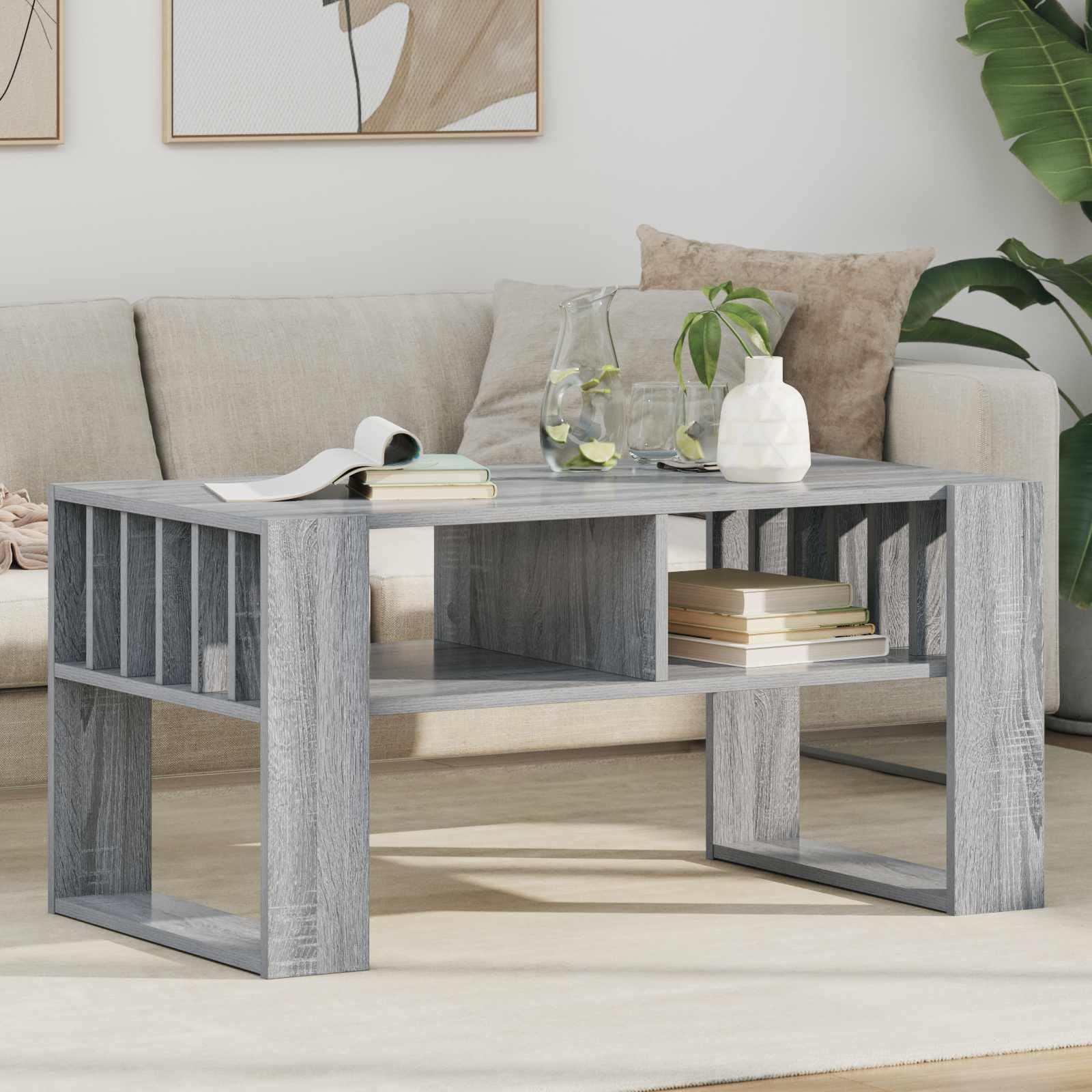 Couchtisch Graues Sonoma 92 x 49,5 x 45 cm Holzwerkstoff Moderner Wohnzimmertisch Rechteckig mit 2 Ablagen Stauraumregal Langlebig und pflegeleicht für kleine Räume
