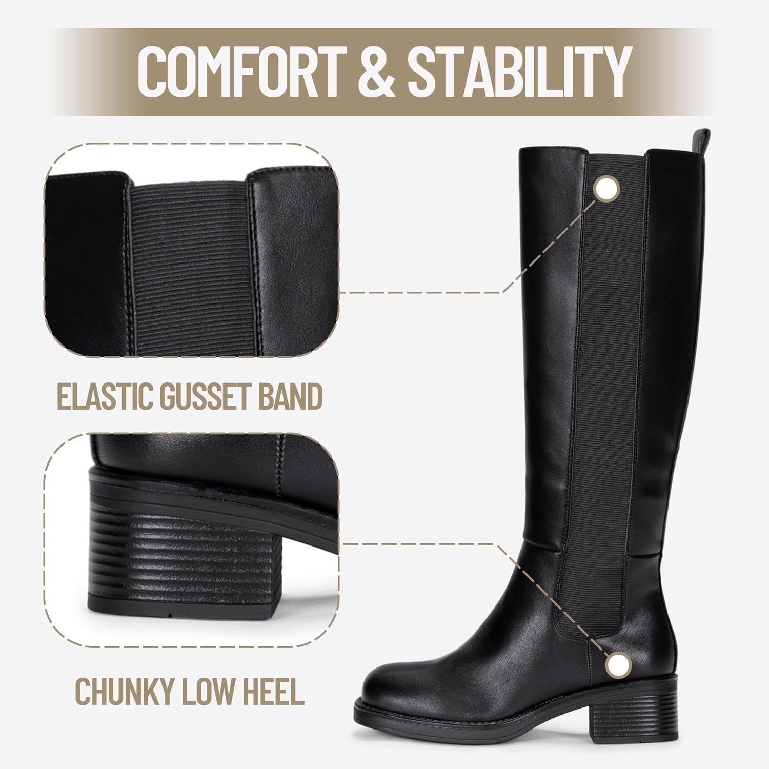 Vepose Women's Low Heel Knee High Boots, 9566 Pull-on Elastic Band Round Toe Tall Gusset Boot with Inner Zipper - Image 3