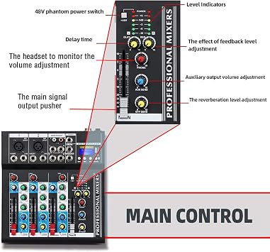 Boytone. Professional Audio Mixer Sound Board Console System Interface 4 Channel Digital USB Bluetooth Digital MP3 Computer Input 48V Phantom Power Stereo DJ Studio Streaming FX processor (BT-34MX)