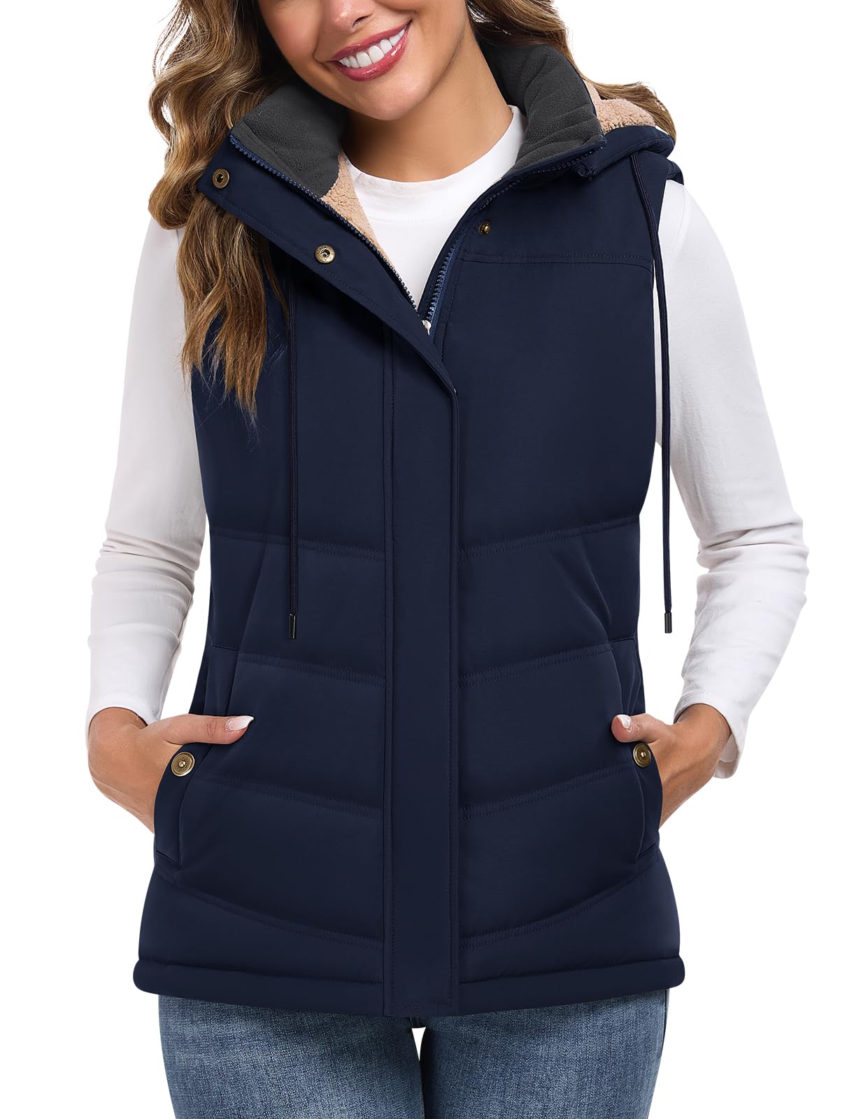 Chaleco Mujer Invierno Térmico Acolchado Chaqueta sin Mangas Forro Polar con Capucha Bolsillos
