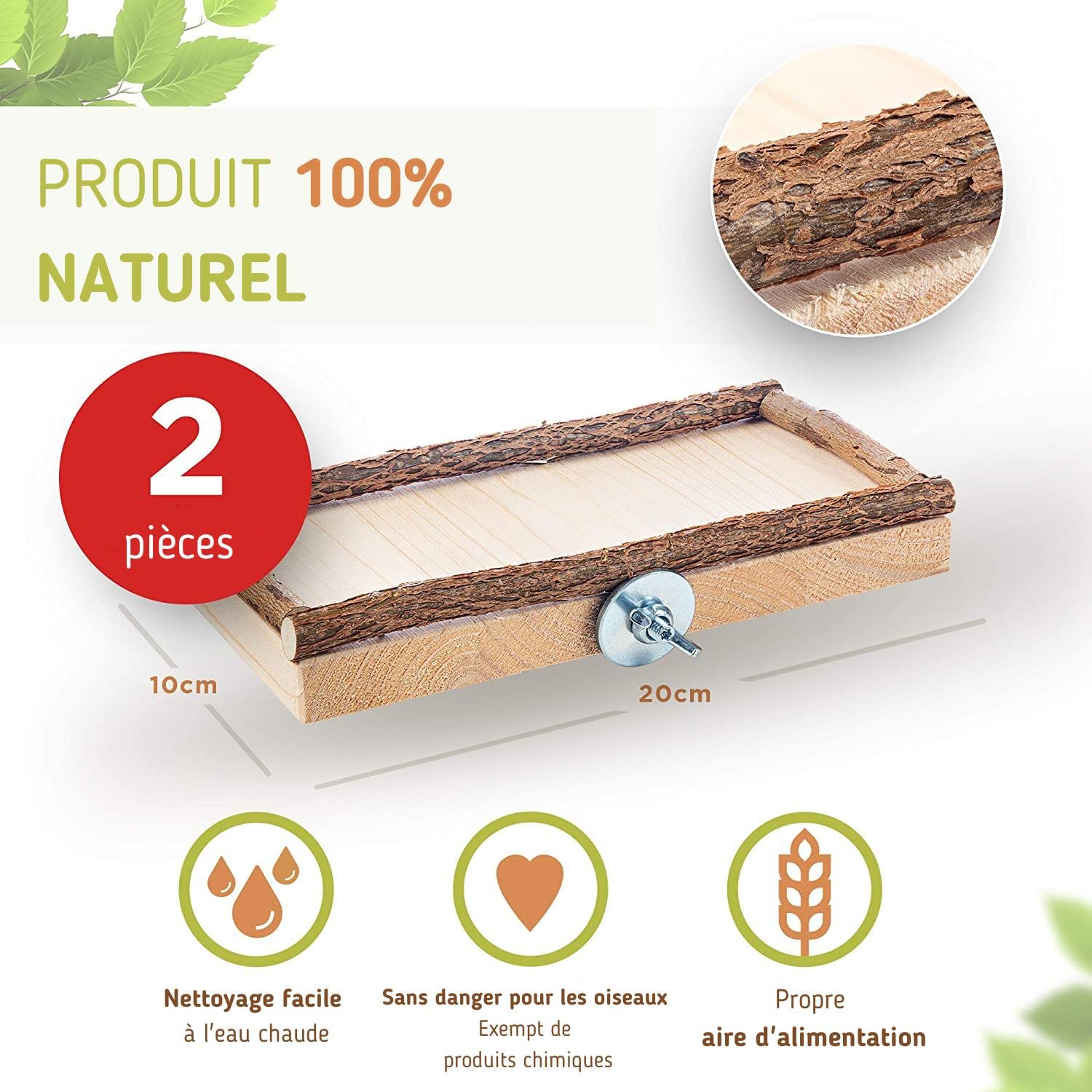2 Perchoir Perroquet en Bois Naturel - 2 en 1 mangeoire et perchoir pour Cage a Oiseaux