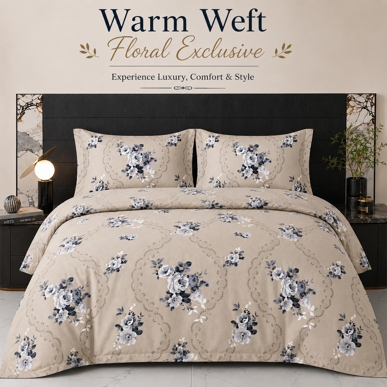 Warm Weft Floral Exclusive Bedding Set, Beige and Grey | Floral Print, Luxury Comfort, Warm Weft Fabric, Pillow Covers Included, Bedroom Decor-image-27