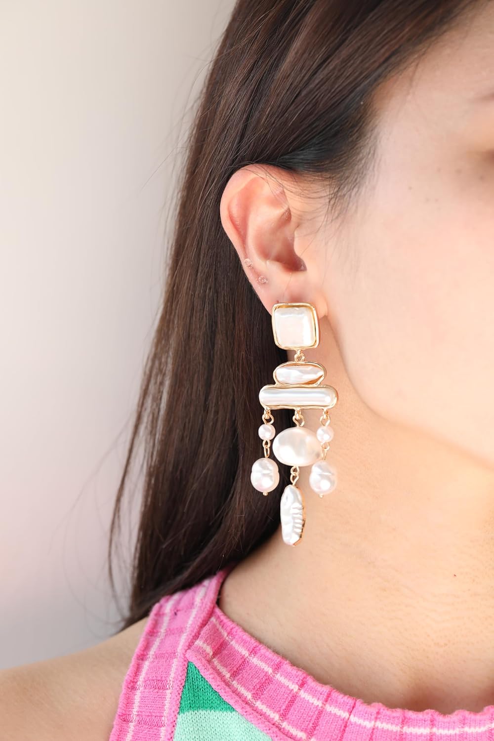 Statement Pearl Dangle Earrings,Gold and Large Pearl,Luxury Chandelier Organic Style Earrings - Image 2