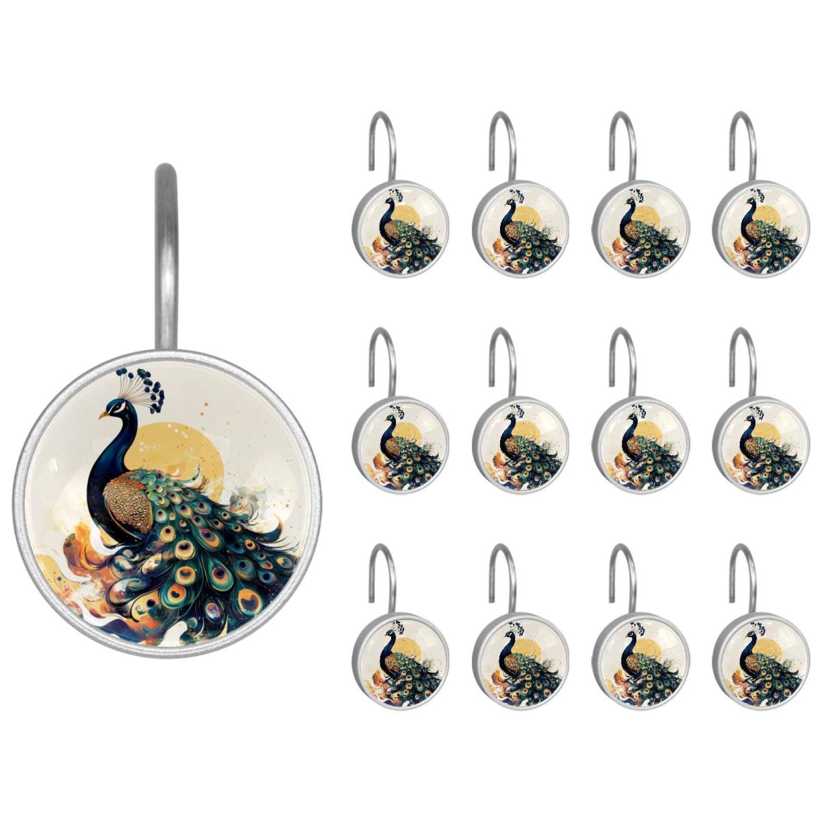 12pcs Glass Shower Curtain Hooks, Rust Resistant Decorative Shower Rings for Bathroom Living Room,Stainless Steel Hooks for Shower Curtain and Liner Rods (Peacock Illustration)