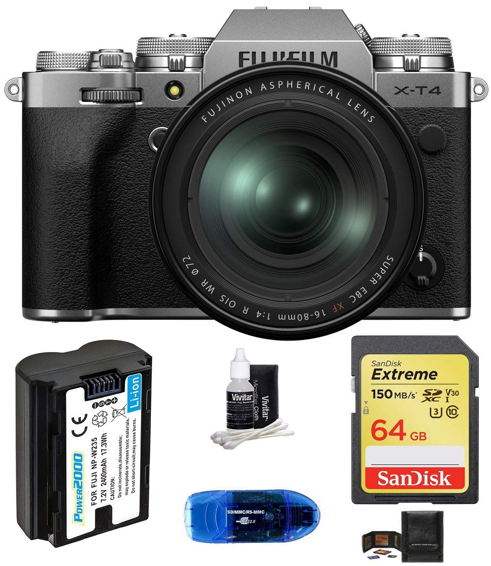 Fujifilm X-T4 Mirrorless Digital Camera with XF 16-80mm f/4 R OIS WR Lens (Silver) Bundle, Includes: SanDisk 64GB Extreme SDXC Memory Card, Spare Battery + More (6 Items)