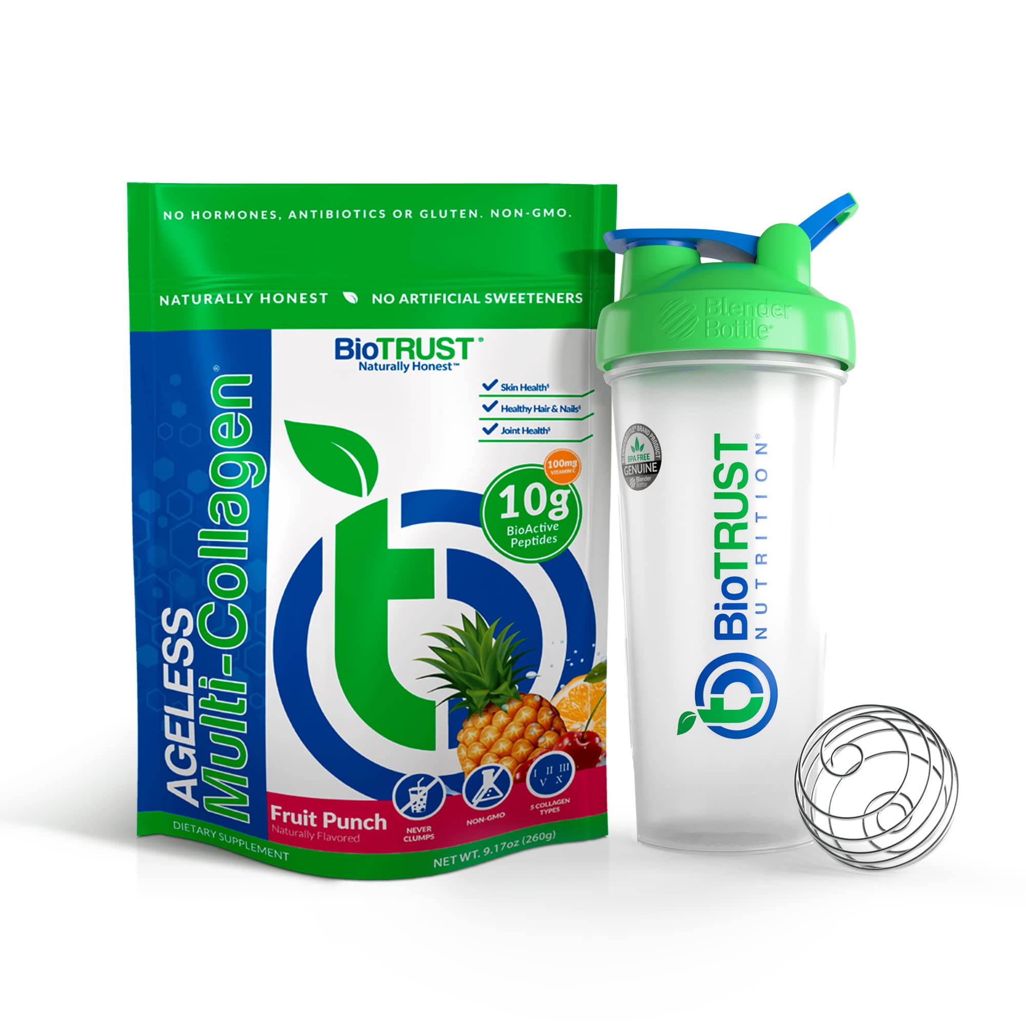 BioTrustAgeless Multi Collagen 5-in-1 Protein Powder (Fruit Punch) BlenderBottle Bundle