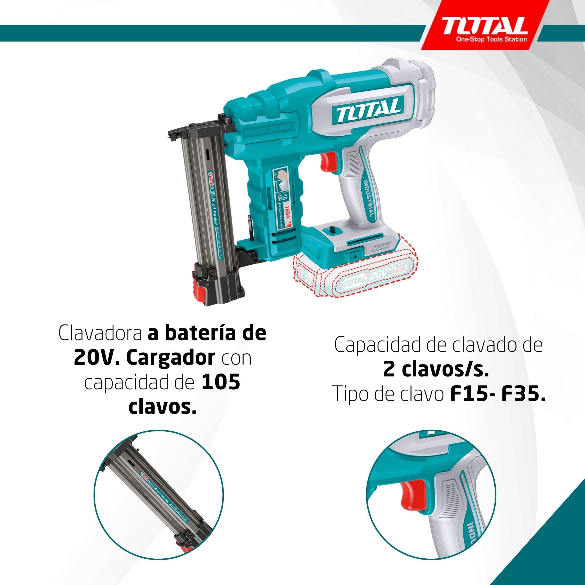 TOTAL - Clavadora a Batería 20V Profesional; 2 Clavos; Compatible F15-F35; Cargador 105 Clavos; Modelo TCBNLI2005; Herramienta Eléctrica sin Batería ni Cargador