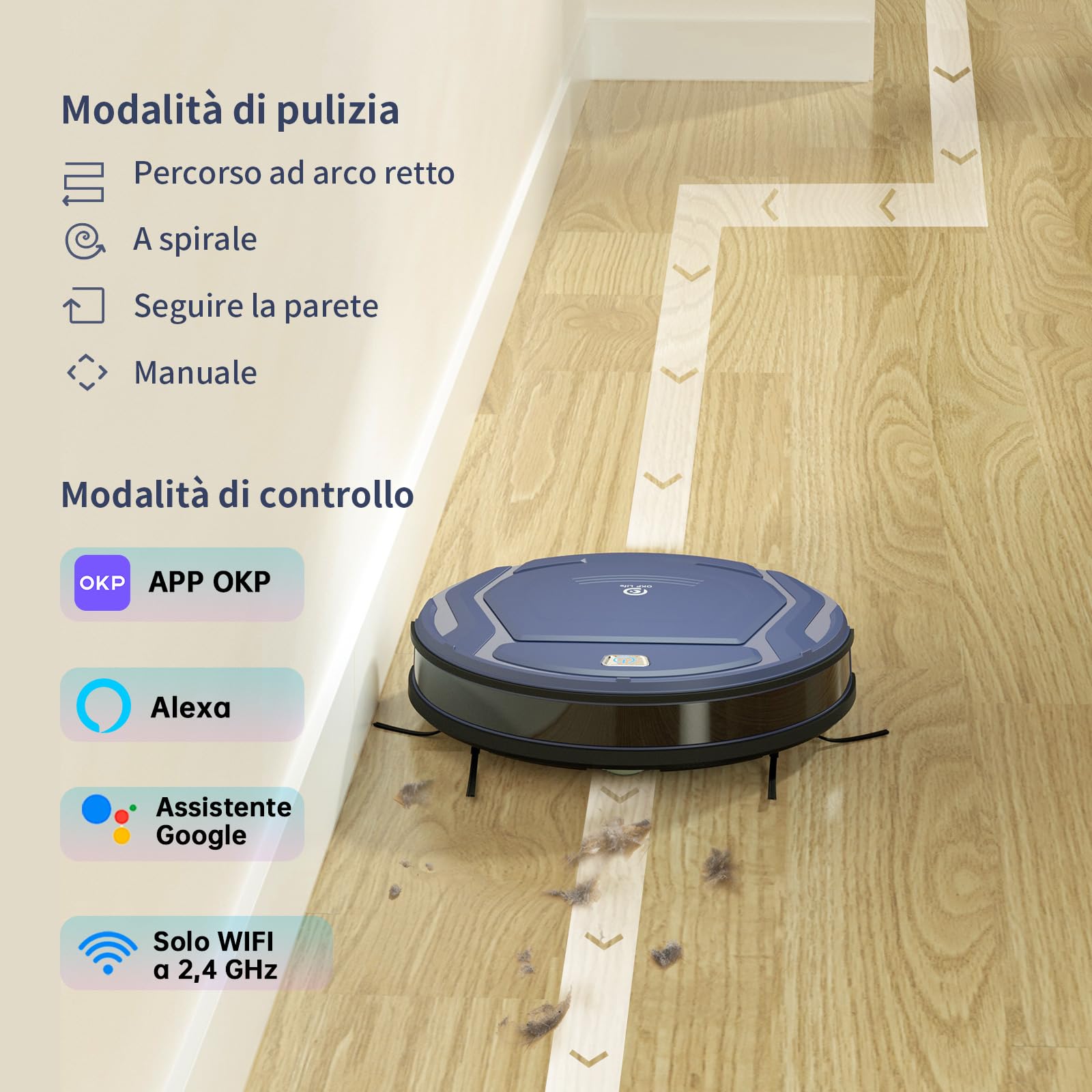 OKP Robot Aspirapolvere,Super Sottile Aspirapolvere Robot Domestiche Silenzioso Autocaricante,Aspirazione 2100Pa Controllo WiFi/App/Alexa,Ideale per Peli di Animali Tappeti Pavimento Duro
