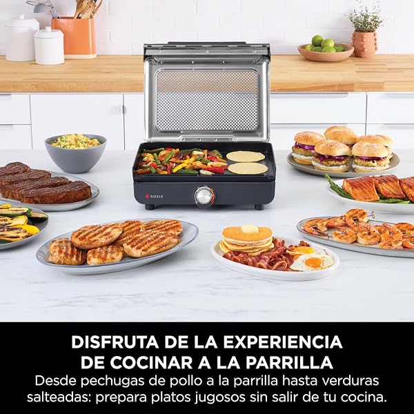 Ninja Sizzle Parrilla y plancha de interior eléctrica, dos placas intercambiables antiadherentes aptas para lavavajillla, bandeja para grasa, control de temperatura y guía de recetas, en gris, GR101EU - 2