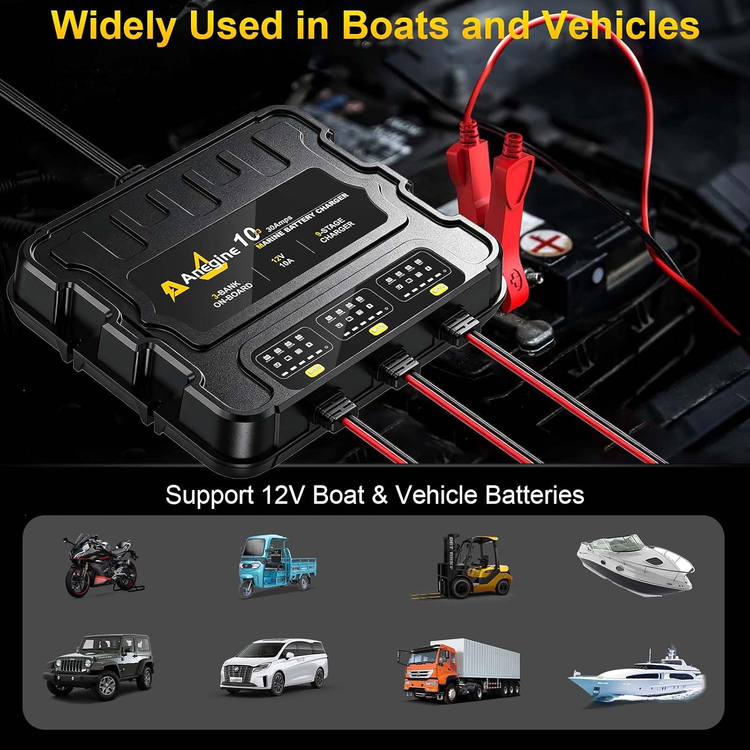 3 Bank Marine Battery Charger, 30A(10A/Bank) 12V IP68 Waterproof Onboard Battery Charger with Overcharge Protection & Temperature Compensation- for Lead-Acid, AGM, EFB, LiFePO4, Lithium, Boat, Car, RV