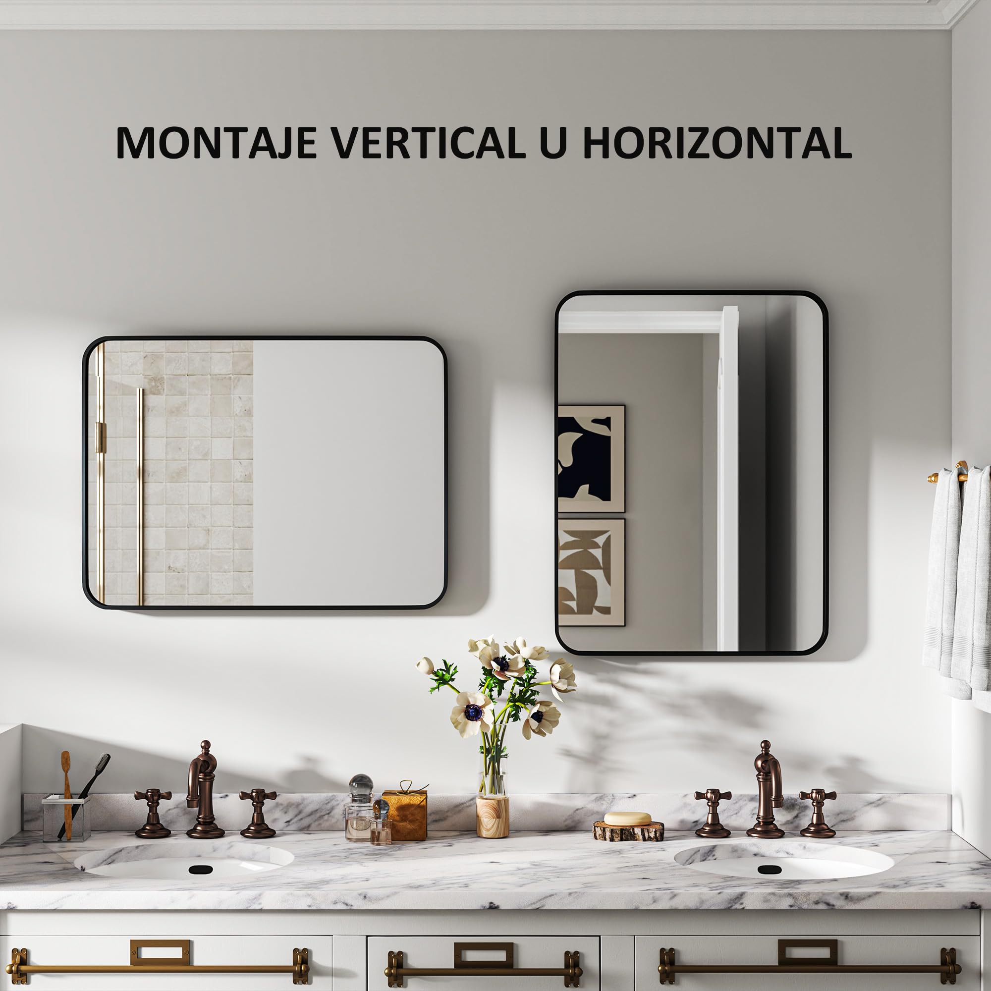HOMCOM Espejo de Baño 60x90 cm Decorativo con Marco de Metal Negro | Espejo de Pared, con Gancho, Fácil Instalación, para Salón Entrada Pasillo