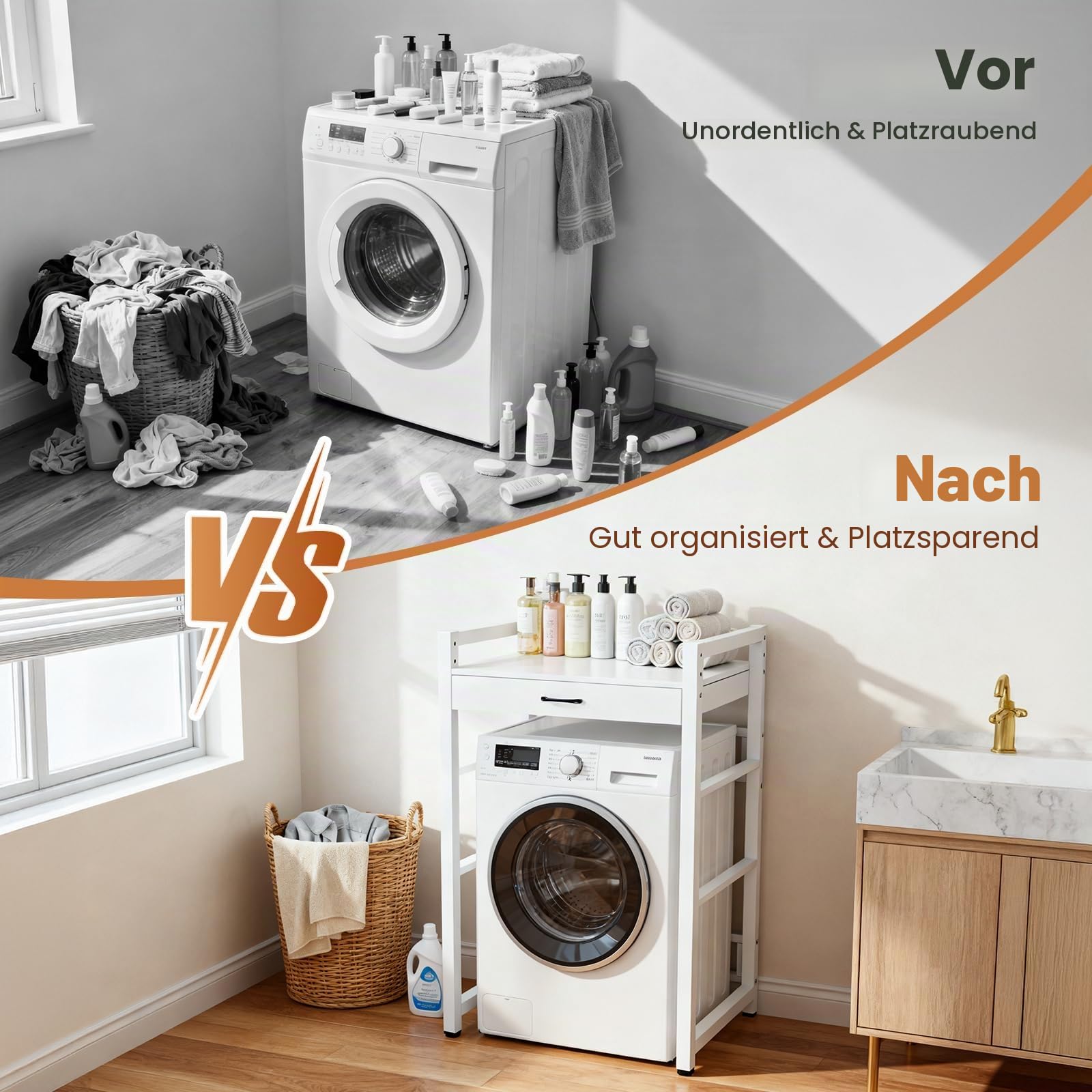 Waschmaschinenregal mit Auszug Wäscheständer 73x63x105cm 250 kg Tragfähigkeit Höhenverstellbarer Regal für Waschmaschine Regal über Waschmaschine Waschmaschinenschrank Badezimmer Balkon