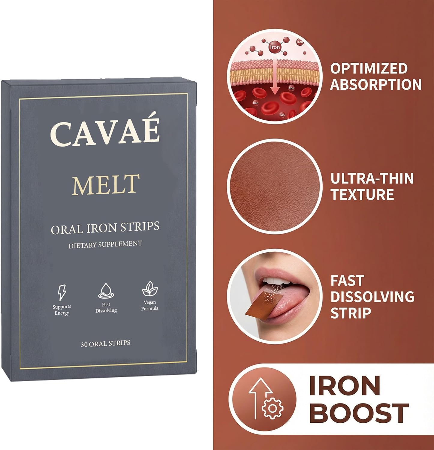 Cavae Oral Iron Strips, Oral Dissolving Film, 19 mg Iron Per Strip, 30 Oral Iron Support for Energy, Raspberry Flavor, No Water Needed