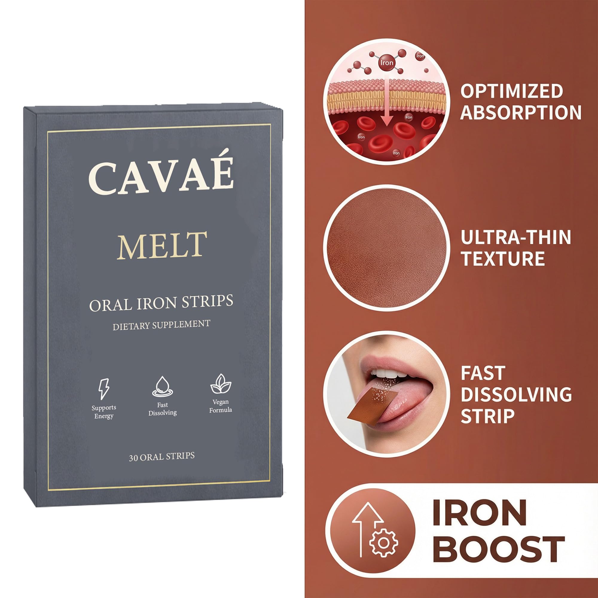 Cavae Oral Iron Strips, Oral Dissolving Film, 19 mg Iron Per Strip, 30 Oral Iron Support for Energy, Raspberry Flavor, No Water Needed — Amazon image 4