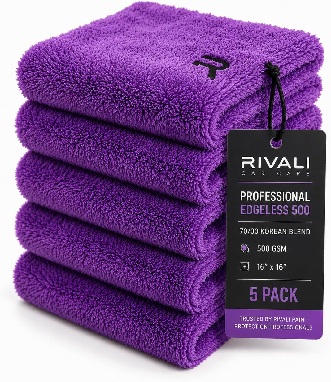 Rivali Car Care Professional Edgeless 500 Microfiber Towels (5-Pack) - Ultra Plush 70/30 Korean Blend 500GSM Detailing Towels, 16x16, Scratch-Free Buffing Cloths, Purple