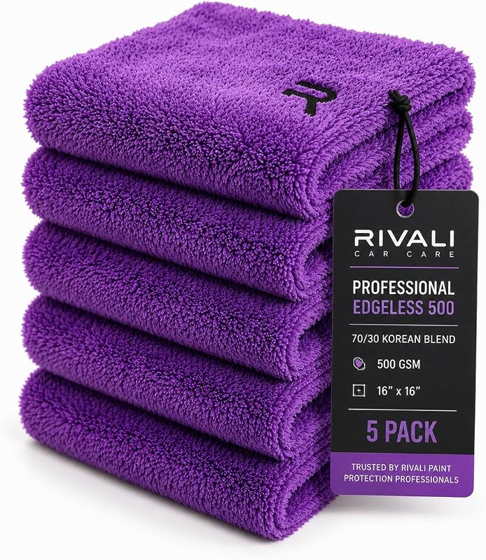 Car Care Microfiber Towels 5-Pack, 500GSM Edgeless Scratch-Free | 500GSM plush 70/30 Korean microfiber, 16x16 in. Edgeless & scratch-free for wax removal, buffing, drying & ceramic coatings