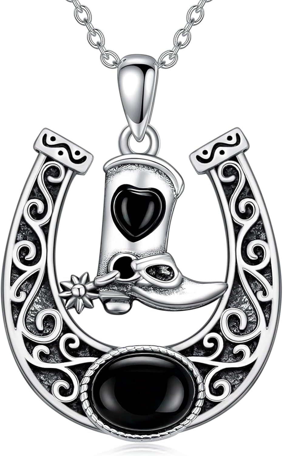Vintage Horseshoe with Natural Black Onyx Necklace 925 Sterling Silver Retro Western Onyx Horseshoe Necklace with 18+2 inch Chain for Women