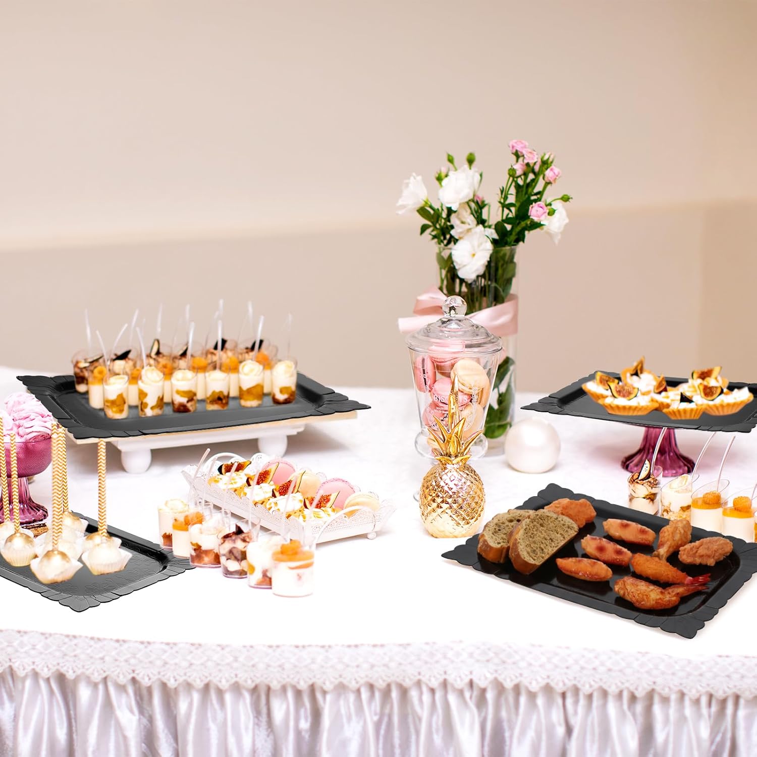 Honeydak 4 Pcs Rectangle Serving Trays Heavy Duty Disposable Paper Cardboard Serving Platter for Food Tea Fruit Trays Cupcake Display Dessert Table Decorations Birthday Party Supplies (Black) - Image 7