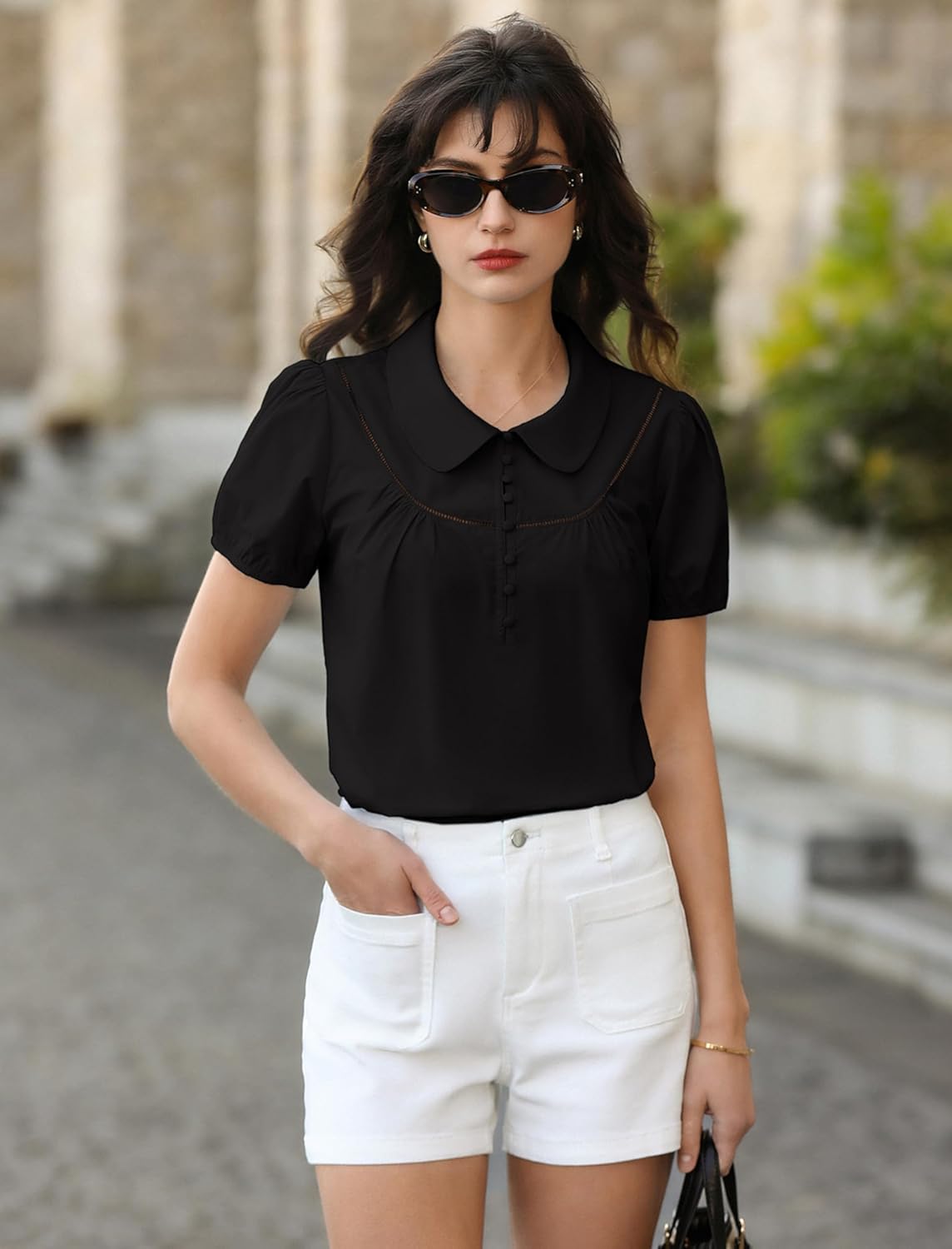 Belle Poque Short Puff Sleeve Blouses for Women Peter Pan Collar Dressy Work Shirts Summer Cotton Tops 2026 - Image 2