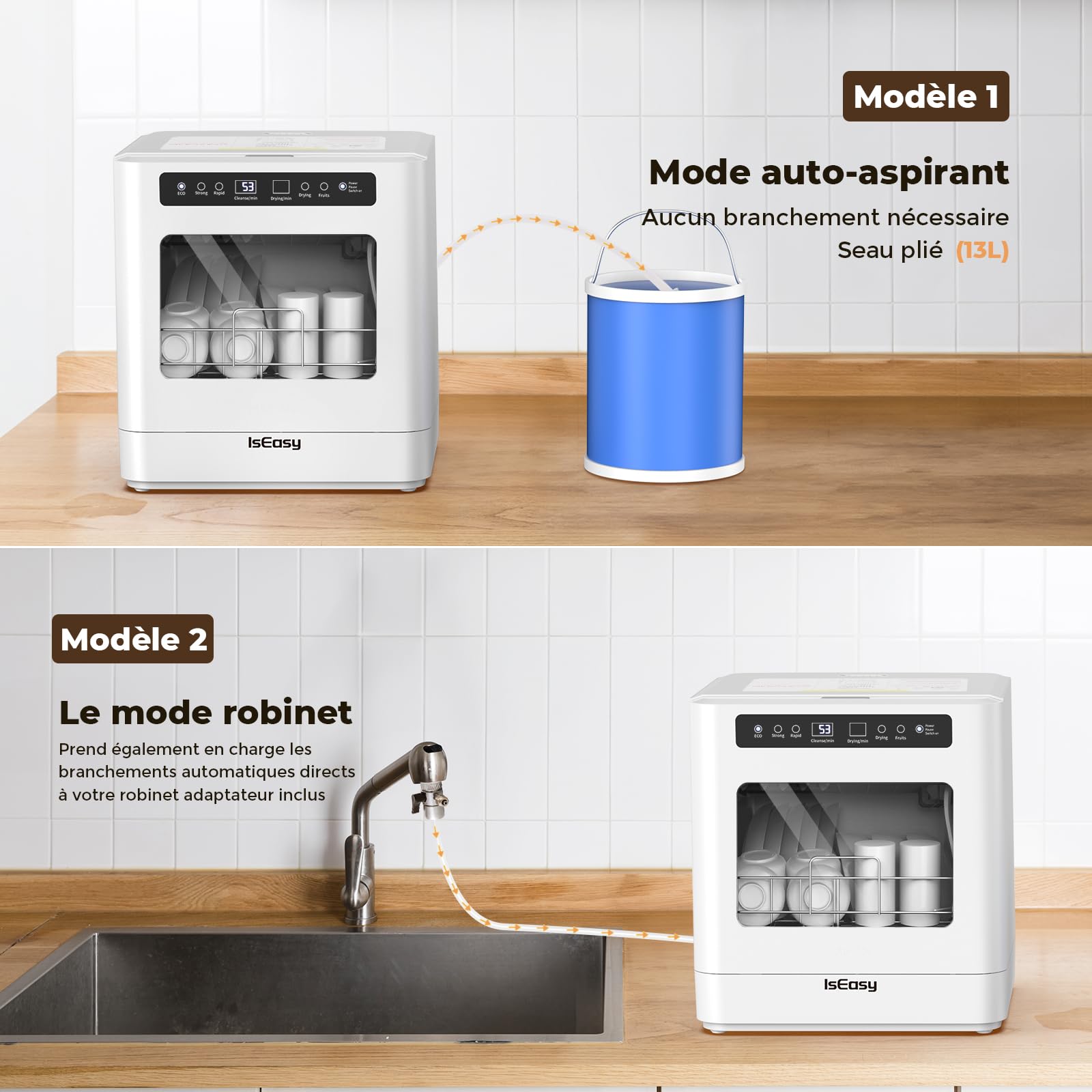 IsEasy Mini Lave-Vaisselle de Table Comptoir, Lave-Vaisselle Compact Portable, 5 Programmes, Affichage à LED, Lavage des Fruits, Deux Modes D'alimentation en Eau