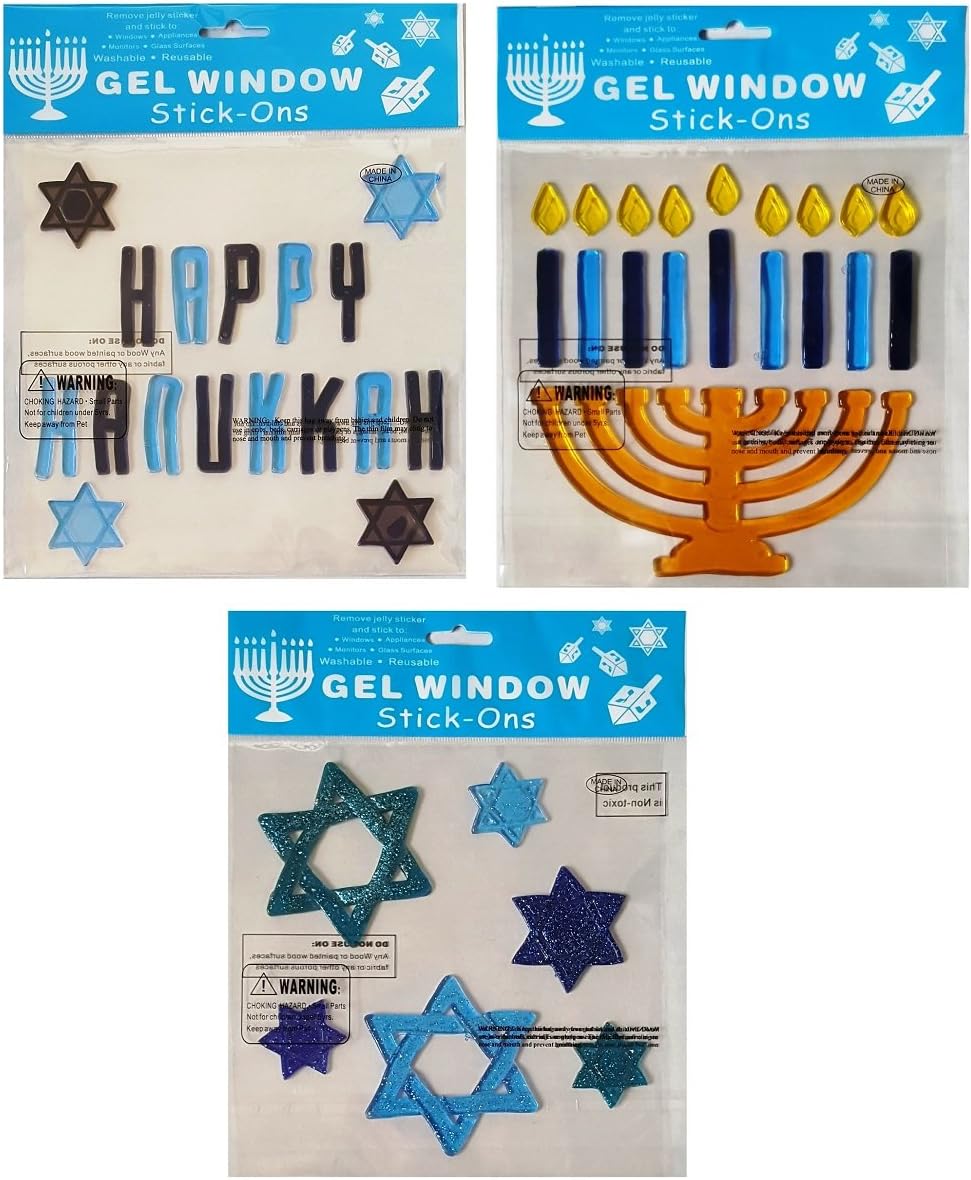 HanukkahChanukah Holiday Window Gel Clings Star of David, Menorah, and "Happy