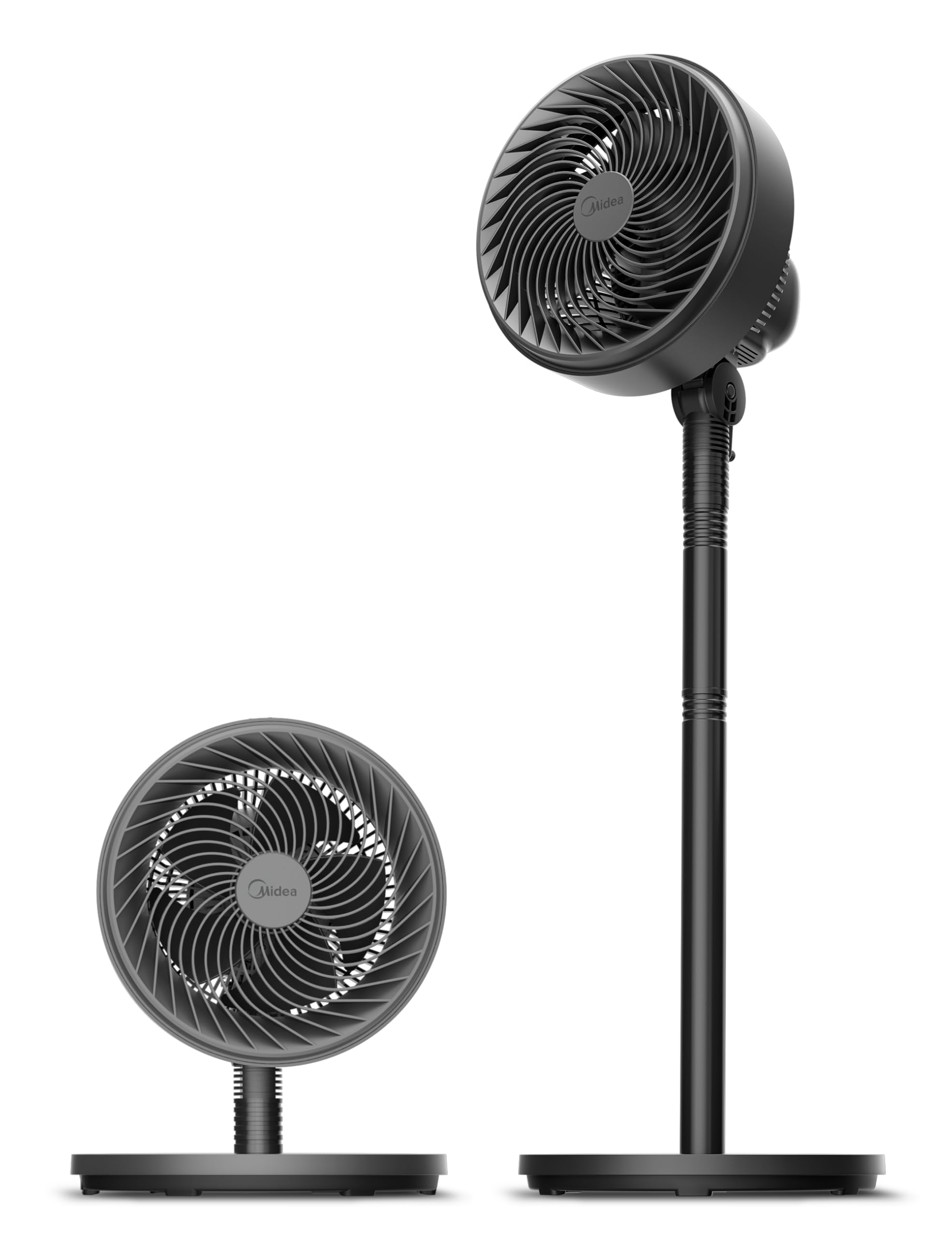 Midea Standventilator FG18-22LAPHSE(BL) 6 Turbo-Flügel, geräuscharmer DC-Motor, 15 Geschwindigkeiten und 4 Modi, Oszillation 30°-120°, Timer 24h, Höhe verstellbar 78-110