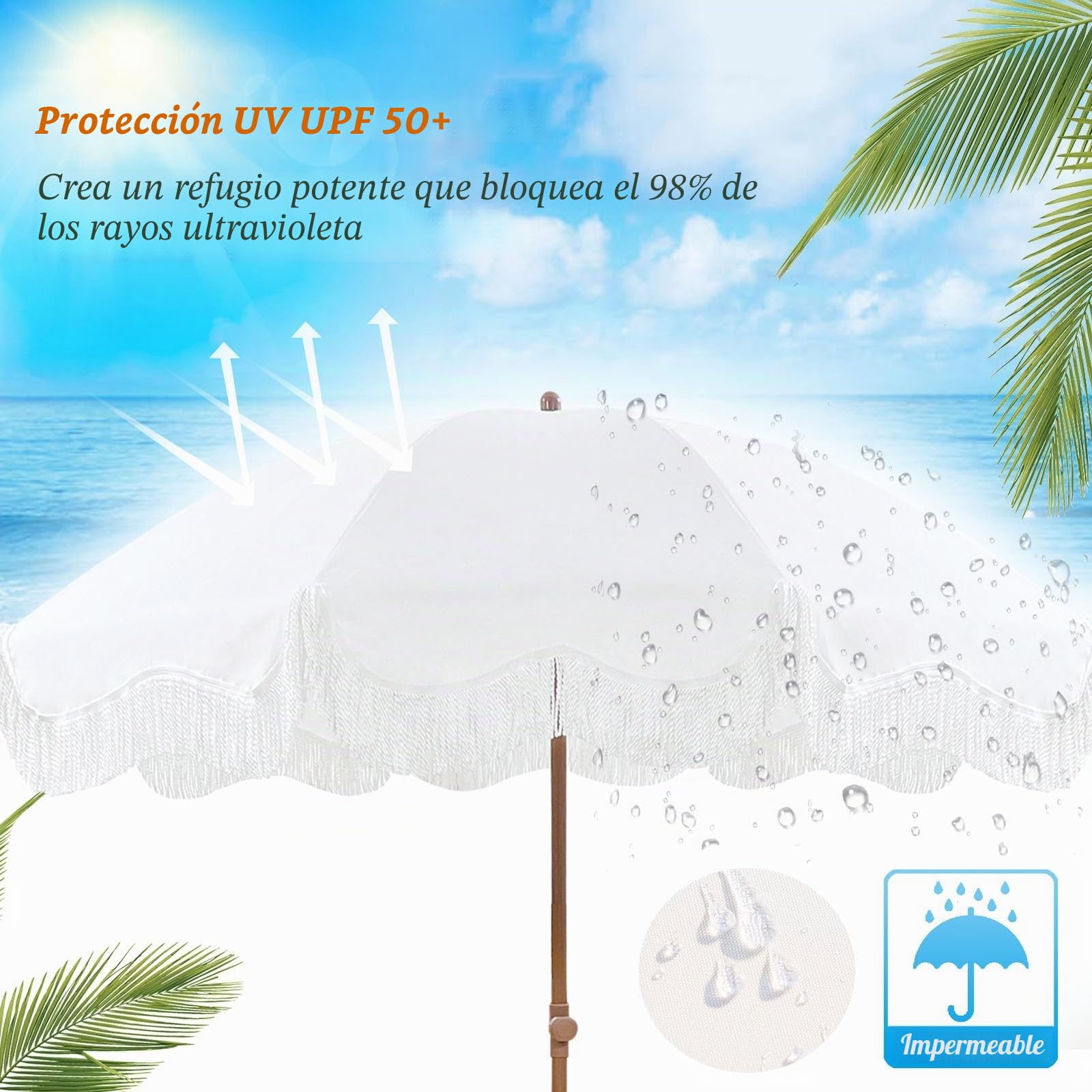 Blanco Sombrilla Playa 200 Cm Parasol Jardín Exterior Grande con Flecos Sombrillas Terraza Protección UV50+ Sombrilla Jardín Inclinable Portátil Boho Beach Umbrella For Sand Impermeable