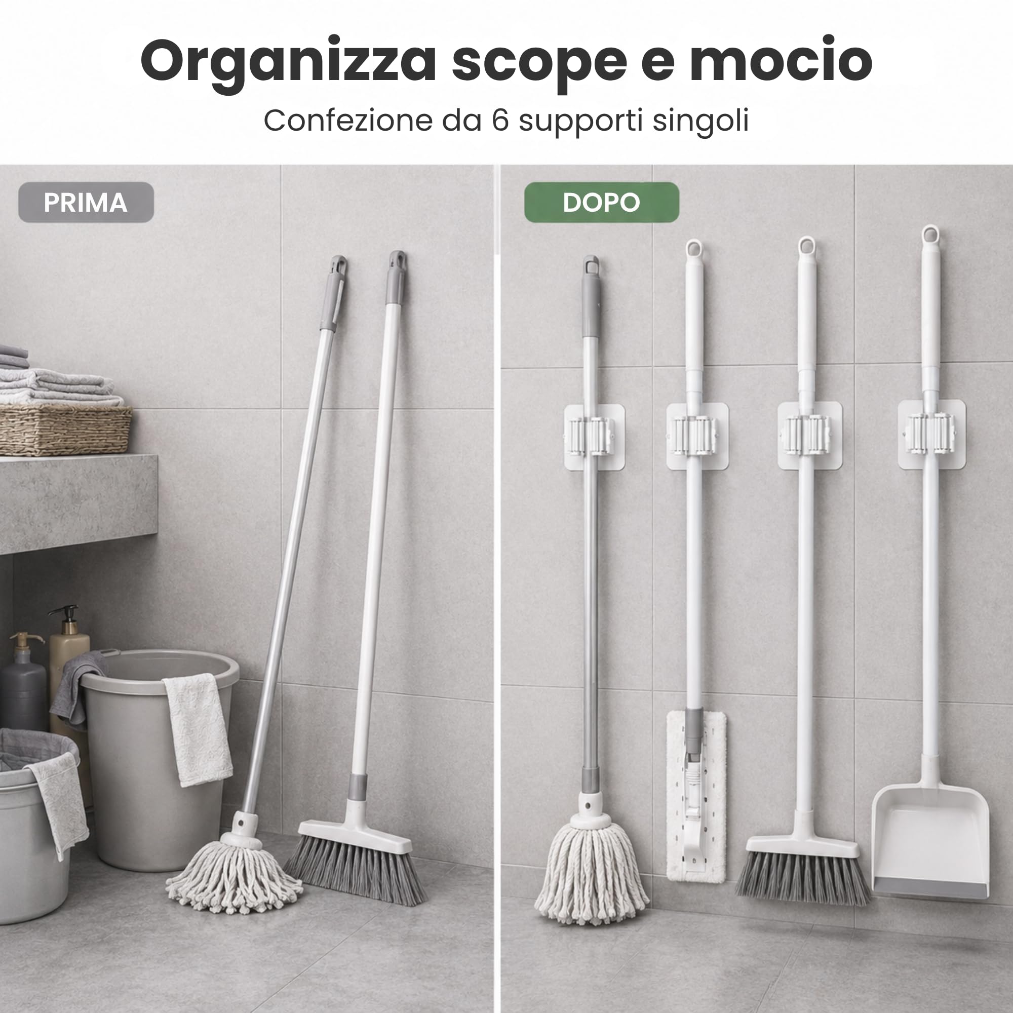 Porta Scope Parete Adesivo Set da 6, Portascope da Muro Appendibile Senza Forare, Appendi Scope Bianco per Scopa e Mocio, Cucina, Bagno, Lavanderia e Garage, 6 x 6 x 4,5 cm