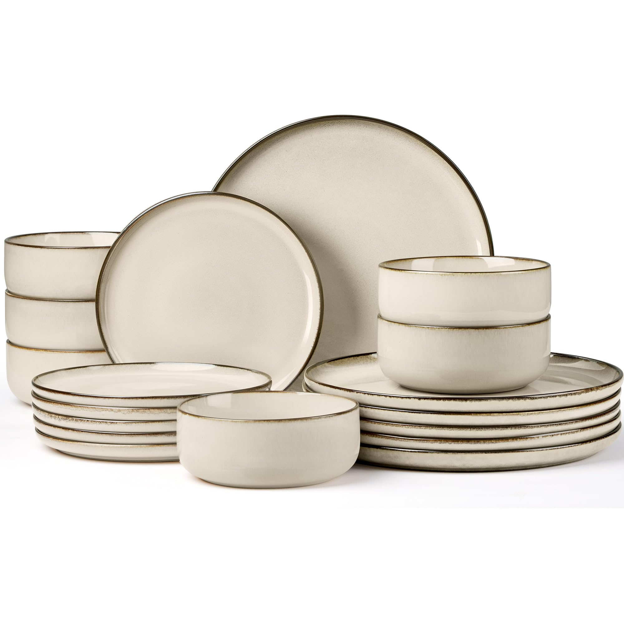Joyfair Service de table pour 6 personnes, 18 pièces, en grès résistant, rayures, assiettes plates, dessert, bols céréales, micro-ondes, lave-vaisselle, kaki récif