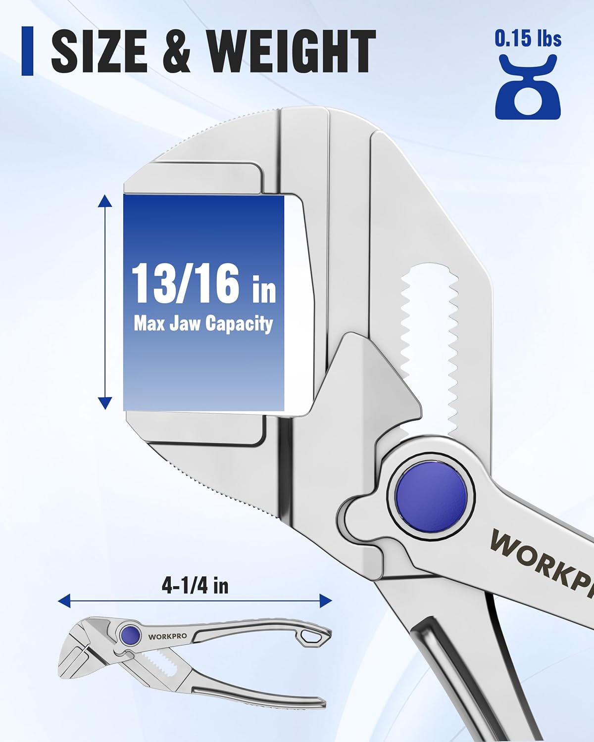 Diagram showing the size and maximum jaw capacity of the WORKPRO Mini Pliers Wrench