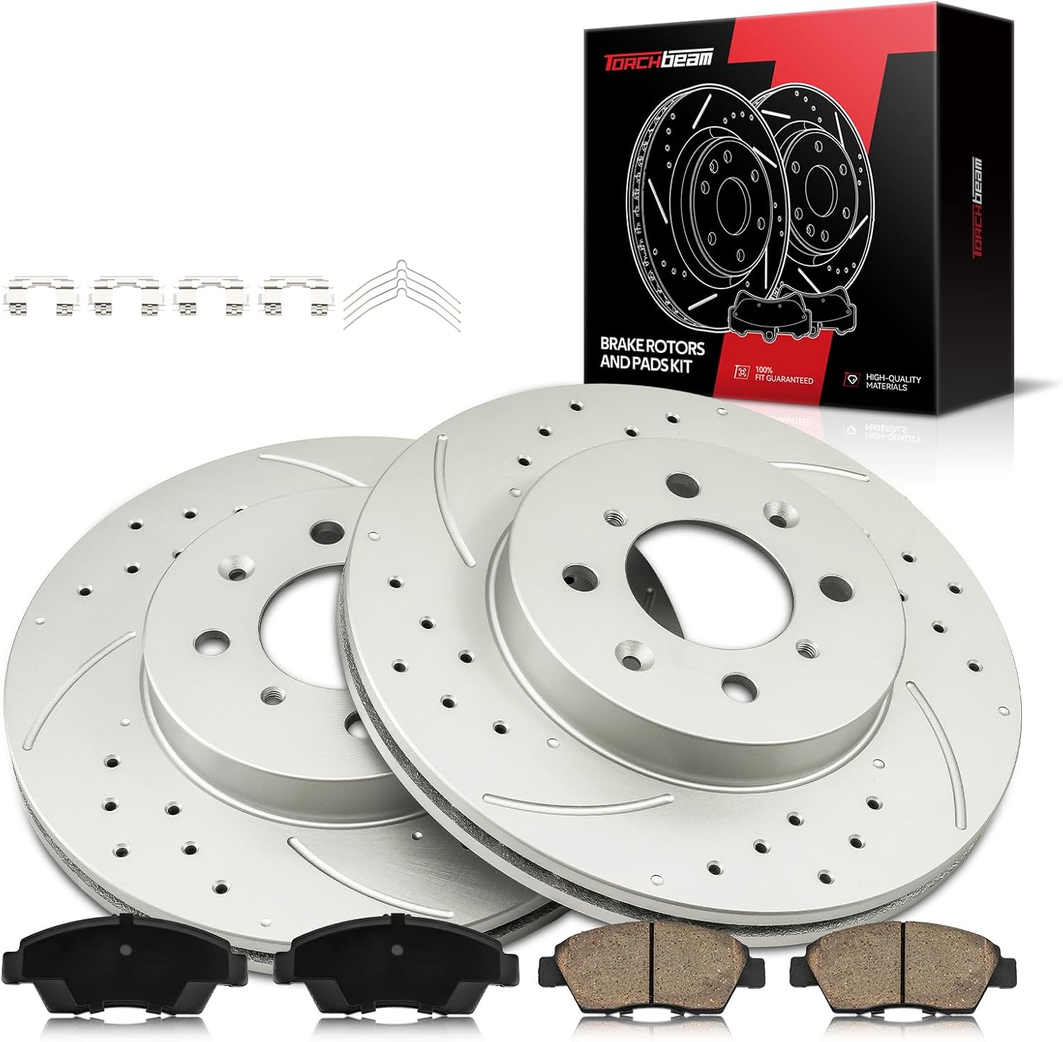 Torchbeam Front Brake Kit, 10.29" Drilled and Slotted Brake Rotors Ceramic Brake Pads Compatible for 2007-2008 Honda Fit, 1993-1995 Honda Civic 1.6L