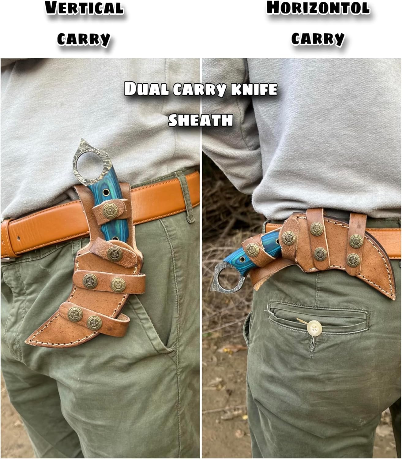 Handmade Damascus Steel Hunting Knife with Sheath | 7.5'’ EDC Fixed Blade Knives For Men and Women Demasticus Camping Survival Belt Knifes For Horizontal Carry with Blue Wood - Image 3