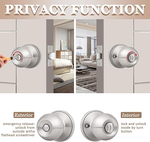 Miniatura 4 de Probrico Paquete de 6 pomos redondos para puerta de camabaño, función de privacidad para bañodormitorio, manija de cerradura de puerta interior con