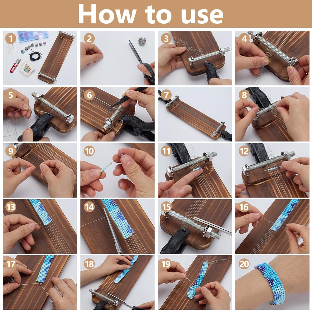 FINGERINSPIRE - Artesanía de tejido rectangular de madera para tejer perlas de rocalla, herramienta de fabricación de joyas para perlas de rocalla, color siena, 35 x 10 cm para collares y pulseras