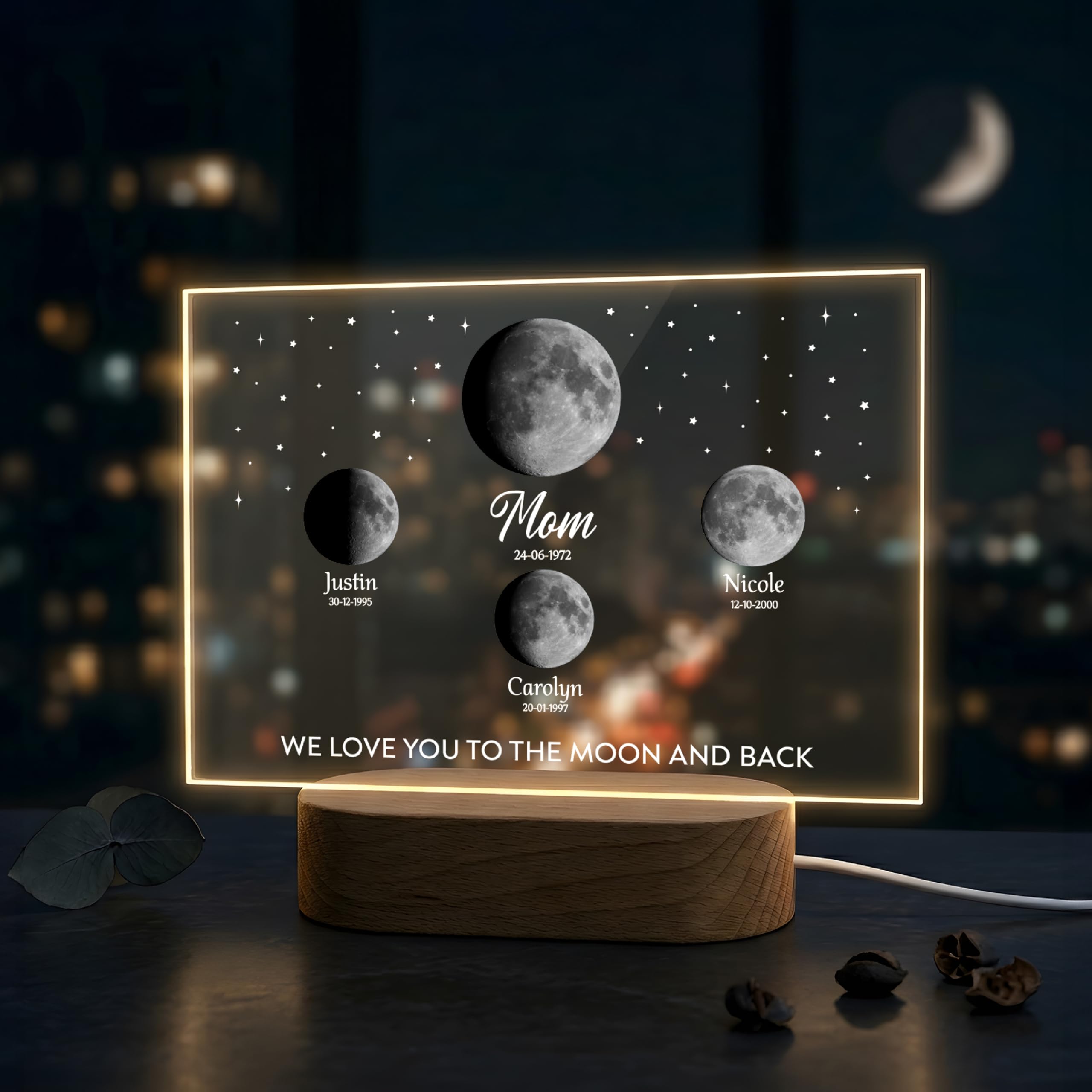 Personalized Moon Phase Night Light for Mom – Custom Birth Moon Lamp with Names & Dates, Real Lunar Phase from Birthday, LED Acrylic Photo Frame Gift for Mother’s Day